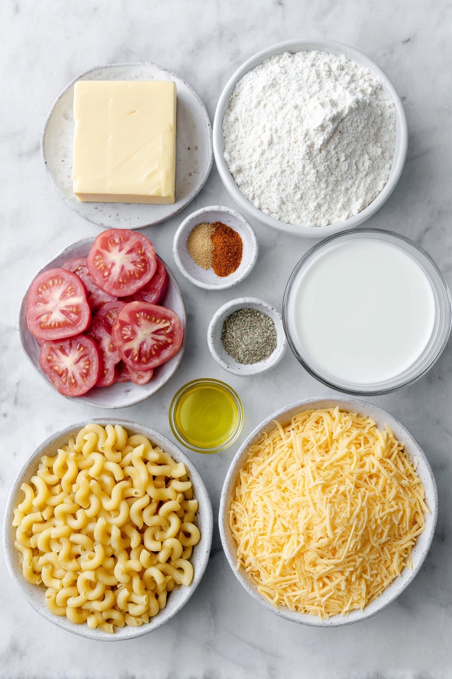 Flat lay of dried elbow macaroni, a half cup of unsalted butter stick, a small white ceramic bowl with all purpose flour, a small white ceramic bowl of whole milk, a small white ceramic bowl of double heavy cream, a pile of shredded mixed cheddar and gruyere cheese, a small white ceramic bowl with salt crystals, a small white ceramic bowl with mustard powder, a small white ceramic bowl with smoked paprika, several large ripe heirloom tomatoes sliced thinly, a small white ceramic bowl of golden olive oil, all arranged symmetrically and balanced, placed on a clean white marble surface, soft natural light, photo taken with an iPhone, professional food photography style, fresh ingredients, white ceramic bowls, no bottles, no duplicates, no utensils, no packaging --ar 2:3 --v 7 --p m7354615311229779997 - Baked Tomato Mac and Cheese, cheesy baked pasta with tomatoes, easy baked mac and cheese, tomato mac and cheese recipe, comfort food with tomatoes