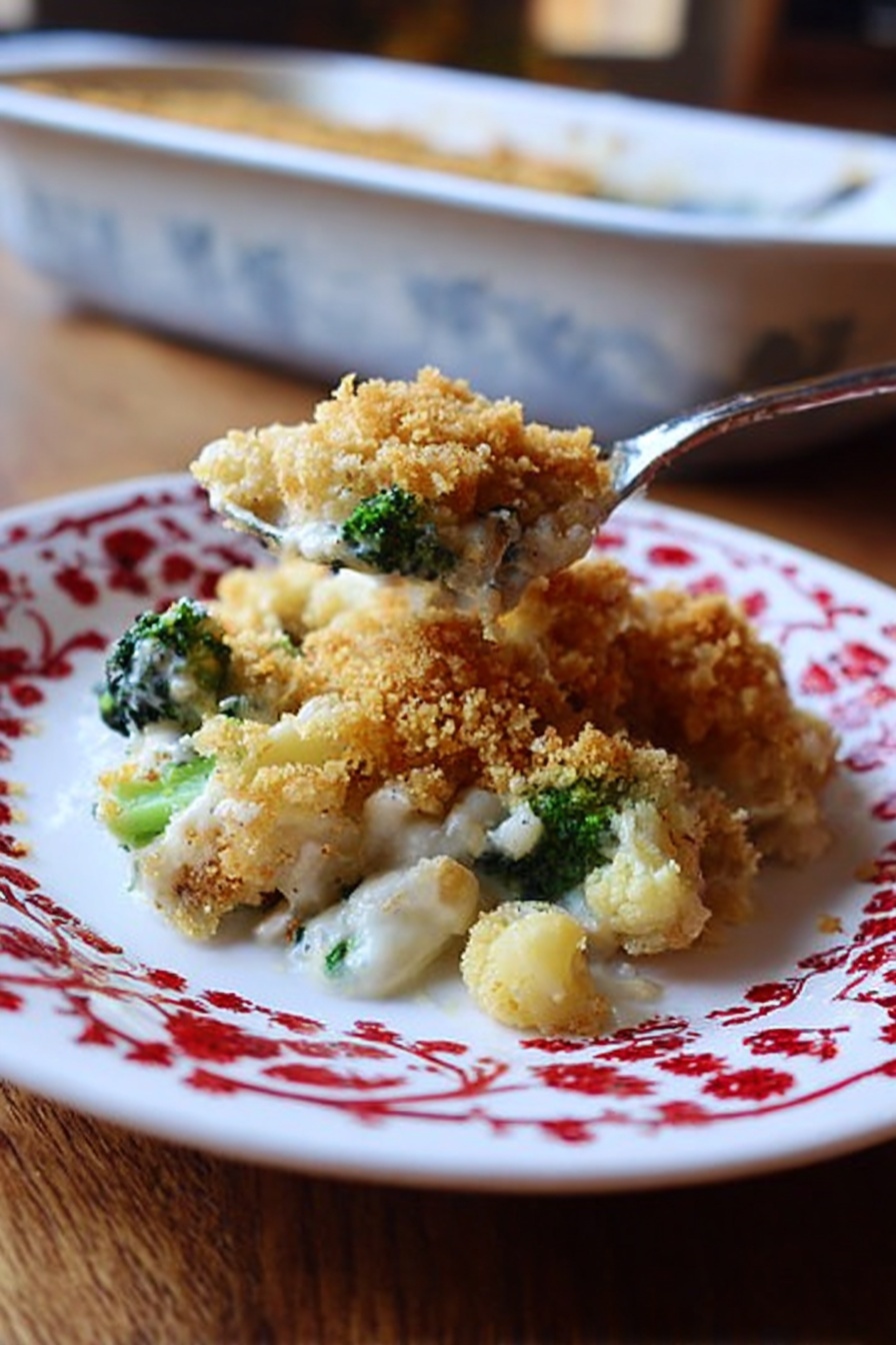 A white plate with a red branch pattern holds a serving of a baked casserole. The bottom layer is golden brown crumb topping that looks crispy. Below this is a creamy white sauce layer, partially covering green broccoli and light yellow cauliflower pieces. The casserole looks hot and freshly scooped, with a spoon above it. The plate is on a wooden table, and there is a white marbled background. Photo taken with an iphone --ar 2:3 --v 7 - Cheesy Broccoli Cauliflower Casserole, cheesy vegetable casserole, easy broccoli cauliflower bake, holiday vegetable side dish, creamy cheesy vegetable dish