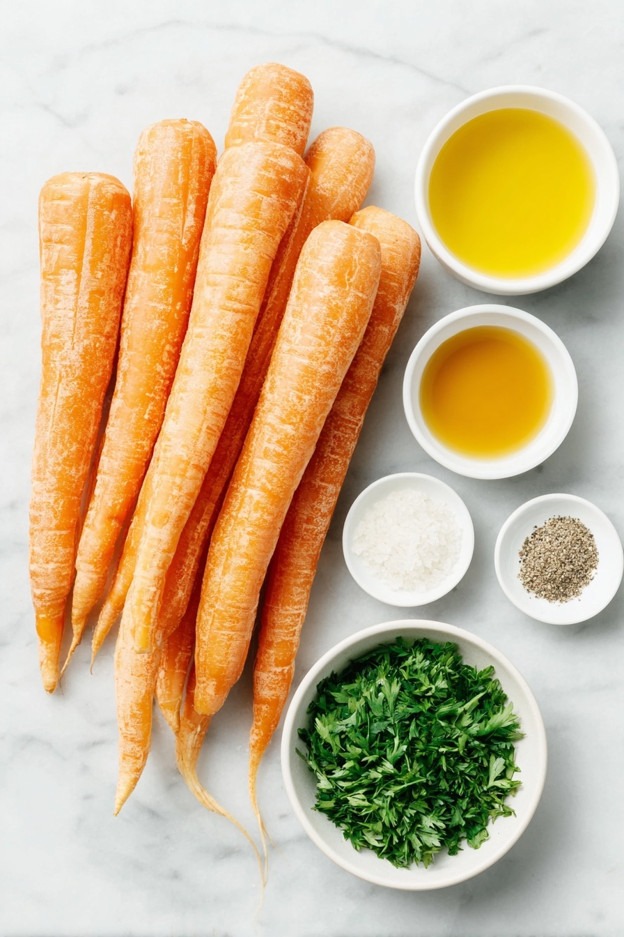 Flat lay of fresh whole unpeeled large and medium carrots cut into thick barrels, a small white ceramic bowl of golden extra-virgin olive oil, a small white ceramic bowl of amber honey, a small white ceramic bowl of coarse sea salt, a small white ceramic bowl with freshly ground black pepper, and a small white ceramic bowl of bright chopped fresh parsley, all symmetrically arranged on a clean white marble surface, soft natural light, photo taken with an iPhone, professional food photography style, fresh ingredients, white ceramic bowls, no bottles, no duplicates, no utensils, no packaging --ar 2:3 --v 7 --p m7354615311229779997 - Sweet and Savory Roasted Carrots, roasted carrot side dish, honey glazed carrots, easy vegetable recipes, healthy roasted carrots