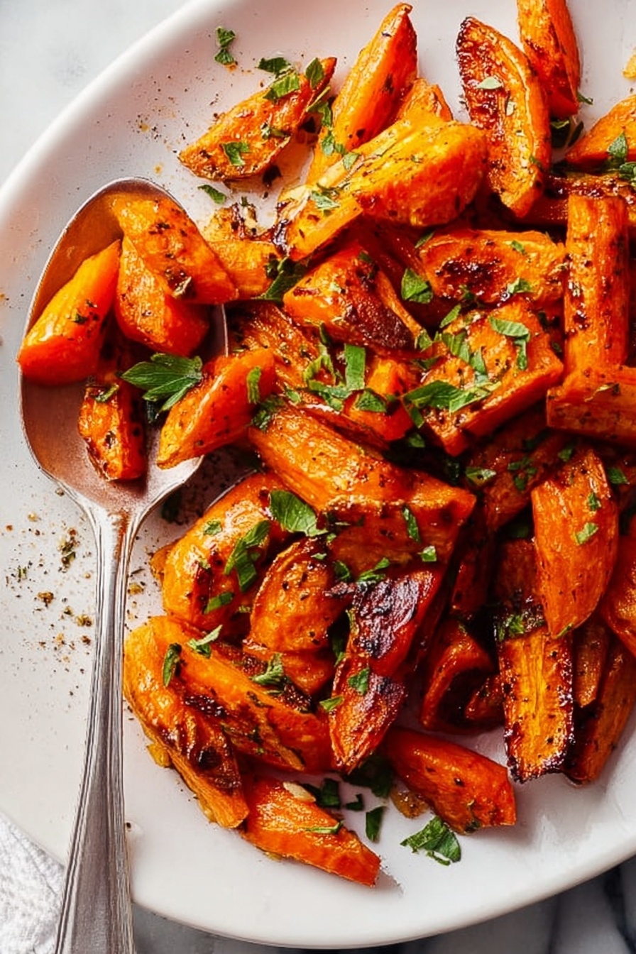 The image shows a white plate filled with roasted carrot pieces, each piece orange with some parts browned and slightly charred, giving a crispy texture. The carrots are sliced into thick, uneven chunks, arranged in a loose pile. Small bits of green herbs are scattered on top, adding a fresh contrast. A silver spoon rests on the plate, holding several carrot pieces, and the edge of the plate shows some seasoning like pepper. The whole scene sits on a white marbled surface. photo taken with an iphone --ar 2:3 --v 7 - Sweet and Savory Roasted Carrots, roasted carrot side dish, honey glazed carrots, easy vegetable recipes, healthy roasted carrots