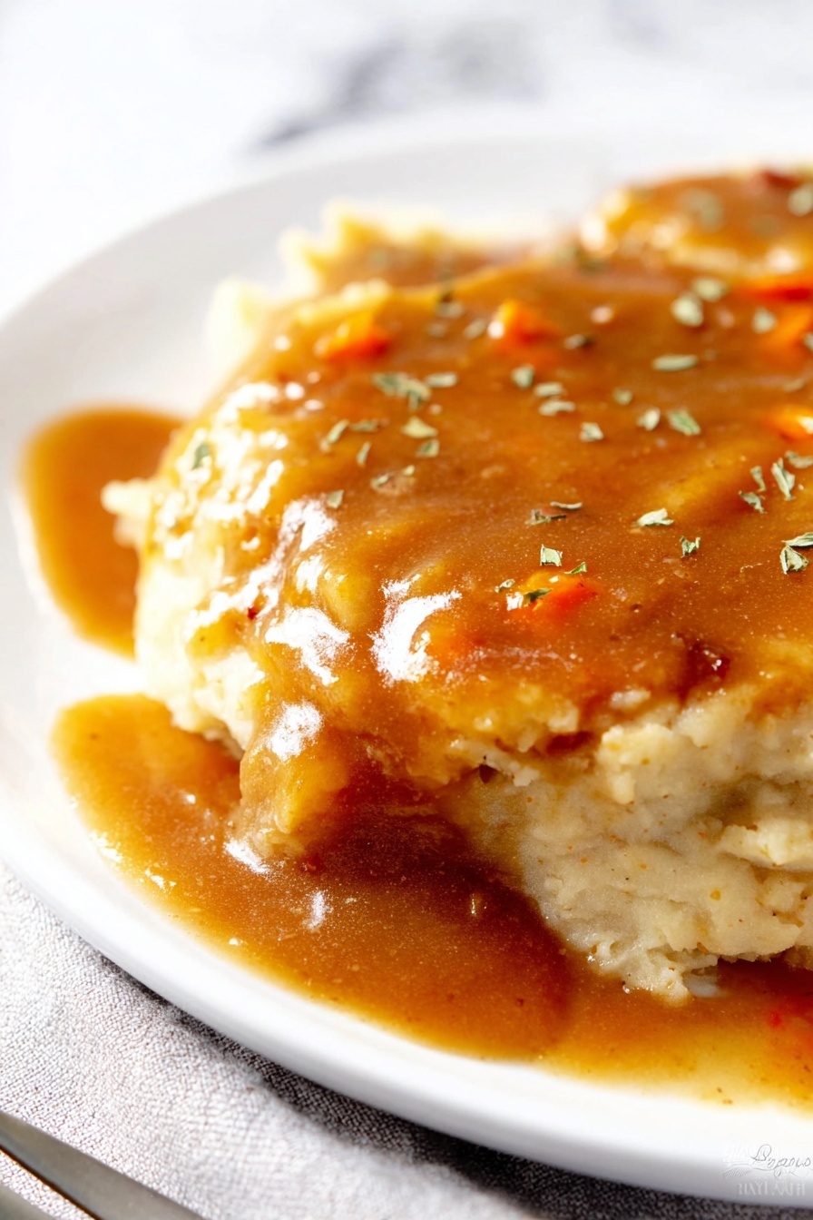 A close-up of a plate with two layers of light beige mashed potatoes, soft and creamy in texture. On top, there is a thick layer of brown gravy with a shiny, smooth texture, containing small orange bits, possibly carrots. The gravy is spread evenly, slightly dripping on the sides. The dish is sprinkled with small green herb pieces. The white plate rests on a white marbled surface with a silver fork partially visible on the bottom left side. Photo taken with an iphone --ar 2:3 --v 7 - Creamy Cabbage Coleslaw, healthy coleslaw side dish, easy cabbage slaw, tangy coleslaw recipe, homemade creamy slaw