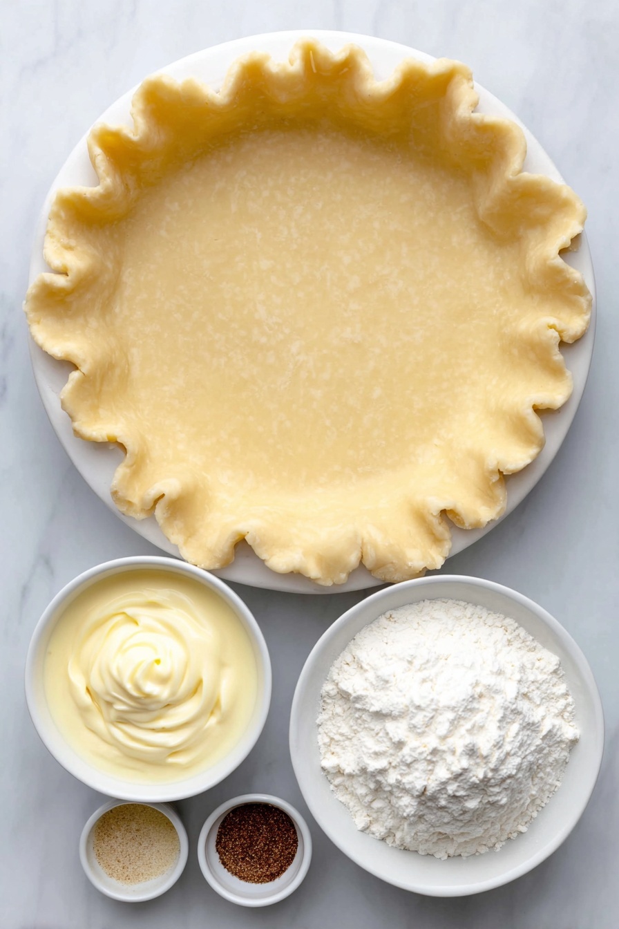 Flat lay of a whole uncut golden brown pie crust on a simple white ceramic plate, a small white ceramic bowl filled with creamy pale yellow eggnog, a small white ceramic bowl of smooth white whipped topping, a small white ceramic bowl with fine ground nutmeg, and a small white ceramic bowl holding fine vanilla pudding powder, all arranged symmetrically and balanced, placed on a clean white marble surface, soft natural light, photo taken with an iPhone, professional food photography style, fresh ingredients, white ceramic bowls, no bottles, no duplicates, no utensils, no packaging --ar 2:3 --v 7 --p m7354615311229779997 - Eggnog Pie, Eggnog Pie with Whipped Topping, No-Bake Holiday Dessert, Festive Christmas Pie, Creamy Eggnog Pie