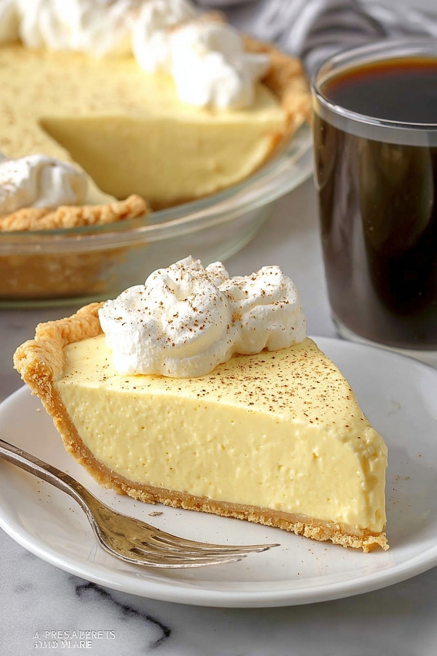 The image shows a slice of creamy yellow pie with a thick smooth filling resting on a white plate. The pie has a golden brown flaky crust around the edge. On top of the filling is a dollop of white whipped cream sprinkled lightly with brown spice. Beside the slice is a silver fork. In the background, the rest of the pie is visible in a clear glass pie dish, showing the same creamy filling and crust. To the right of the pie is a white mug filled with dark coffee. All items are placed on a white marbled surface. photo taken with an iphone --ar 2:3 --v 7 - Eggnog Pie, Eggnog Pie with Whipped Topping, No-Bake Holiday Dessert, Festive Christmas Pie, Creamy Eggnog Pie