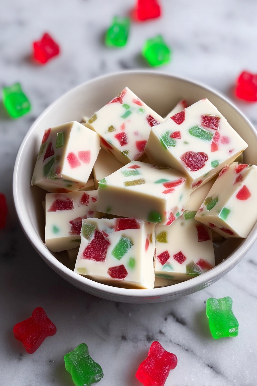 The image shows many small square-shaped fudge pieces scattered across a surface with a white marbled texture. Each fudge piece has a smooth, creamy white base with colorful red and green candy bits mixed inside, giving a speckled look. The candy bits are unevenly spread and embedded throughout each piece, adding bright spots of color to the soft white texture. The fudge squares are closely placed but not stacked, showing their thick, solid form clearly. photo taken with an iphone --ar 2:3 --v 7 - Christmas Gumdrop Nougat, Christmas Gumdrop Candy, festive holiday candy, no-bake holiday treats, colorful gumdrop candy