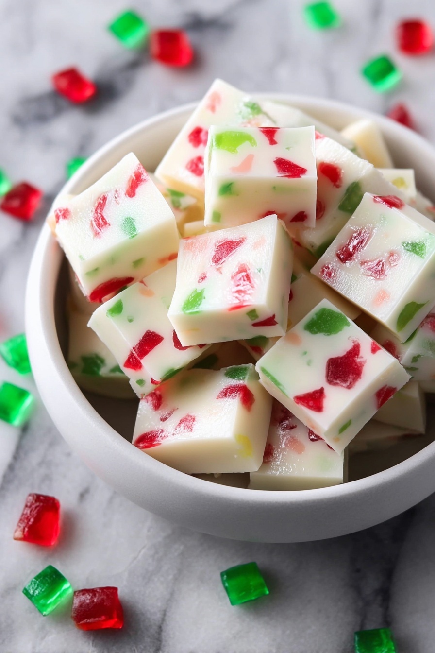 A white bowl is filled with small square blocks of white fudge that have red and green gummy pieces mixed inside them. The fudge squares are piled neatly in the bowl, showing smooth surfaces mixed with the colorful gummy bits. Around the bowl, red and green gummy candies are scattered on a white marbled texture. The contrast of the bright red and green gummies inside the creamy white fudge makes the dish look festive and inviting. photo taken with an iphone --ar 2:3 --v 7 - Christmas Gumdrop Nougat, Christmas Gumdrop Candy, festive holiday candy, no-bake holiday treats, colorful gumdrop candy