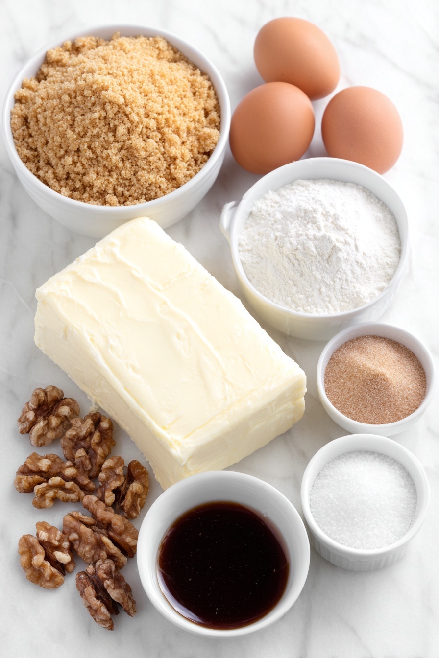 Flat lay of a small mound of golden graham cracker crumbs, a handful of whole walnuts, a few small pats of melted butter in a white ceramic bowl, a small white bowl filled with packed dark brown sugar, a large block of creamy white cream cheese, a small white bowl of light brown fluffy brown sugar, a tiny white bowl holding clear vanilla extract, a small white bowl with fine white flour, four clean whole brown eggs, a small white bowl with dark amber maple syrup, and a small white bowl filled with glossy maple caramel sauce, all arranged symmetrically on a clean white marble surface, soft natural light, photo taken with an iPhone, professional food photography style, fresh ingredients, white ceramic bowls, no bottles, no duplicates, no utensils, no packaging --ar 2:3 --v 7 --p m7354615311229779997 - Maple Cheesecake with Caramel Sauce, maple cheesecake, caramel sauce dessert, creamy cheesecake recipes, fall-inspired cheesecake