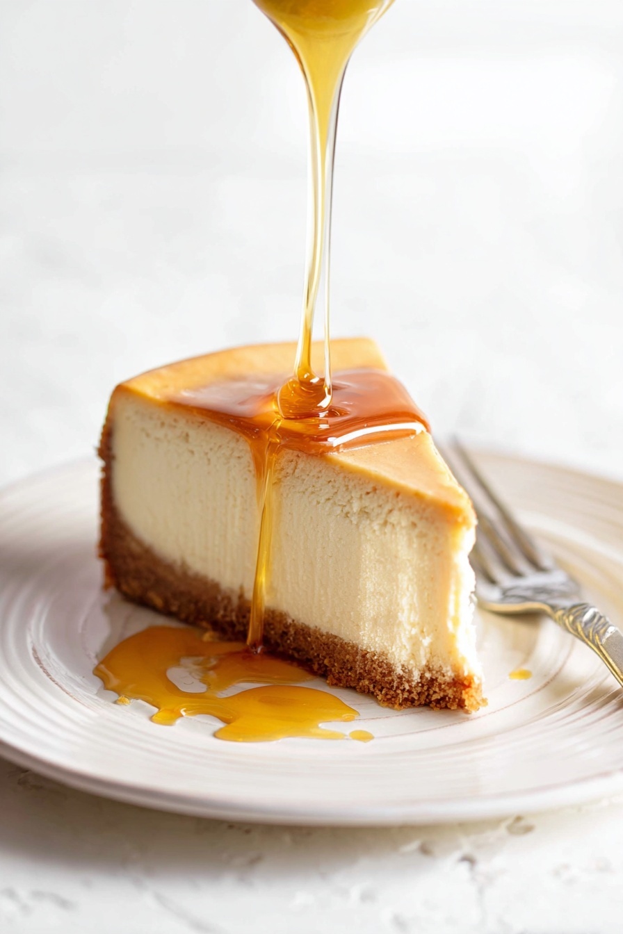 The image shows a single slice of cheesecake on a white plate with a slightly raised edge. The cheesecake has three layers: a thick, dense cream-colored filling in the middle, a thin light golden-brown top layer, and a darker brown crumbly crust at the bottom. A thick golden syrup is being poured from above, flowing smoothly over the top of the cheesecake and dripping down the side, pooling slightly on the plate. The surface beneath the plate is a white marbled texture, and in the background a blurred silver fork lies next to the plate. Photo taken with an iphone --ar 2:3 --v 7 - Maple Cheesecake with Caramel Sauce, maple cheesecake, caramel sauce dessert, creamy cheesecake recipes, fall-inspired cheesecake