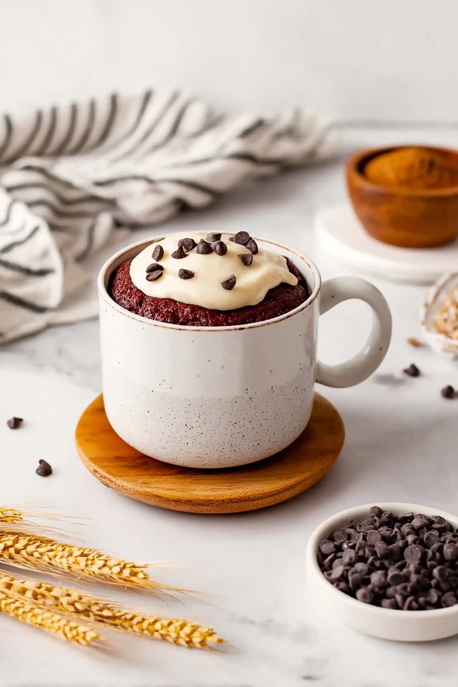 A white ceramic mug with a gray speckled bottom sits on a round wooden coaster placed on a white marbled surface. Inside the mug is a thick reddish-brown cake topped with a layer of creamy white frosting. Small dark chocolate chips are sprinkled on the frosting and around the edge of the mug. To the right of the mug, there is a small white dish filled with dark chocolate chips. In the background, there is a small wooden bowl with brown powder and a white cloth with black stripes. On the left side, there are some dried wheat stalks lying on the white marbled surface. photo taken with an iphone --ar 2:3 --v 7 - Red Velvet Mug Cake, Red Velvet Mug Cake recipe, easy mug cake, quick desserts, single-serving cake
