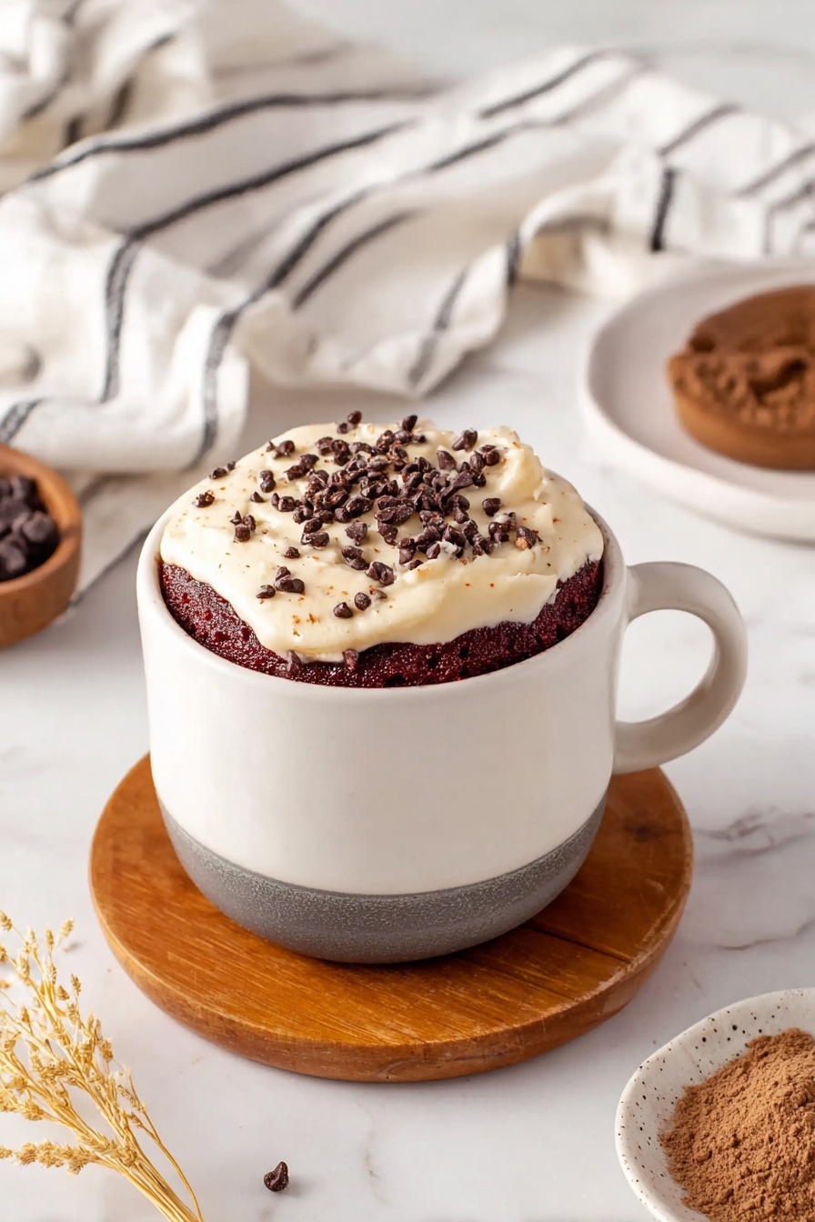 A white cup with a dark gray bottom sits on a round wooden coaster, filled with a dark red, soft textured cake. On top of the cake, there is a thick layer of pale cream with small, dark brown chocolate chips sprinkled over it. In the background, there is a white cloth with black stripes and a small wooden bowl with brown powder. The surface is a white marbled texture, with dry wheat stalks and a white plate holding more dark chocolate chips nearby. Photo taken with an iphone --ar 2:3 --v 7 - Red Velvet Mug Cake, Red Velvet Mug Cake recipe, easy mug cake, quick desserts, single-serving cake