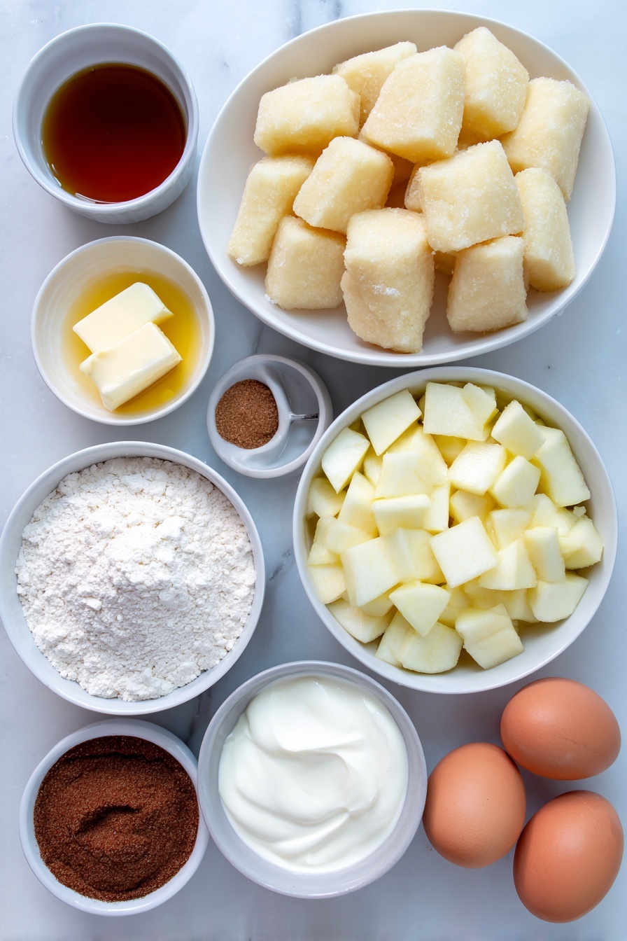 Flat lay of two cans of unrolled cinnamon roll dough pieces cut into triangles on a simple white ceramic plate, a few small chunks of fresh apple mixed with syrup in a white ceramic bowl, a small white ceramic bowl of melted golden butter, a small white ceramic bowl of light brown sugar, a small white ceramic bowl of ground cinnamon, a small white ceramic bowl containing heavy cream, and two whole brown eggs with clean shells placed symmetrically around the bowls, all arranged neatly on a clean white marble surface, soft natural light, photo taken with an iPhone, professional food photography style, fresh ingredients, white ceramic bowls, no bottles, no duplicates, no utensils, no packaging --ar 2:3 --v 7 --p m7354615311229779997 - Apple Pie Cinnamon Roll Bake, fall breakfast recipes, easy cinnamon roll bake, apple dessert casseroles, cozy brunch ideas
