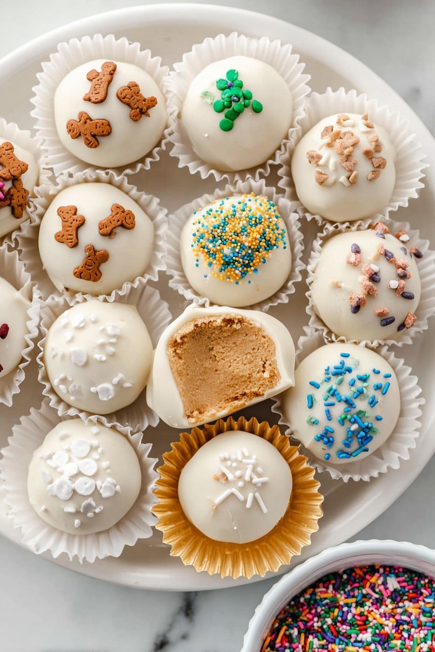 A white plate holds 11 round treats, each covered in smooth white coating. Some treats have colorful sprinkles on top including small gingerbread-shaped, star, and stick sprinkles in various colors like brown, white, green, yellow, blue, and pink. One treat is partly eaten, showing a light brown, smooth inside. Most treats sit in white paper cups, two have shiny gold paper cups. A small white bowl with mixed colorful sprinkles is partly visible at the bottom right corner. All are on a white marbled surface. photo taken with an iphone --ar 2:3 --v 7 - Gingerbread Truffles with White Chocolate, festive gingerbread truffles, holiday white chocolate treats, easy Christmas candy ideas, seasonal gingerbread desserts