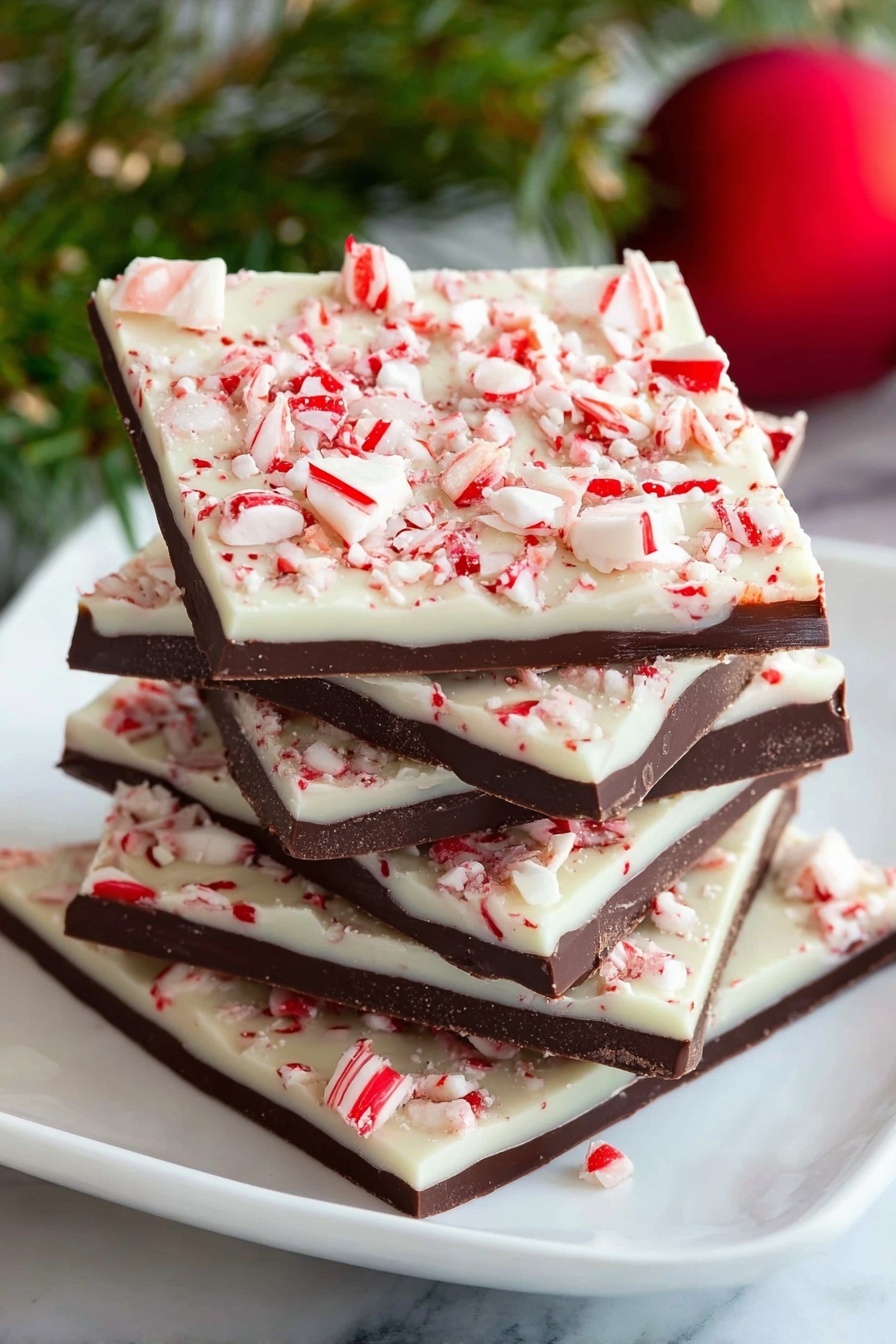 The image shows a stack of five square pieces of peppermint bark on a white plate. Each piece has two main layers: a smooth dark chocolate base that is thick and glossy, and a creamy white chocolate layer on top, which is covered with broken candy cane pieces in white and red stripes. The candy cane pieces vary in size and add a rough, textured look to the top layer. The stack is slightly uneven, making the layers clearly visible. In the background, there is some green pine foliage and a red Christmas ornament, all set on a white marbled surface. photo taken with an iphone --ar 2:3 --v 7 - Mint Chocolate Peppermint Bark, holiday chocolate bark, peppermint candy cane bark, easy holiday treats, festive Christmas desserts