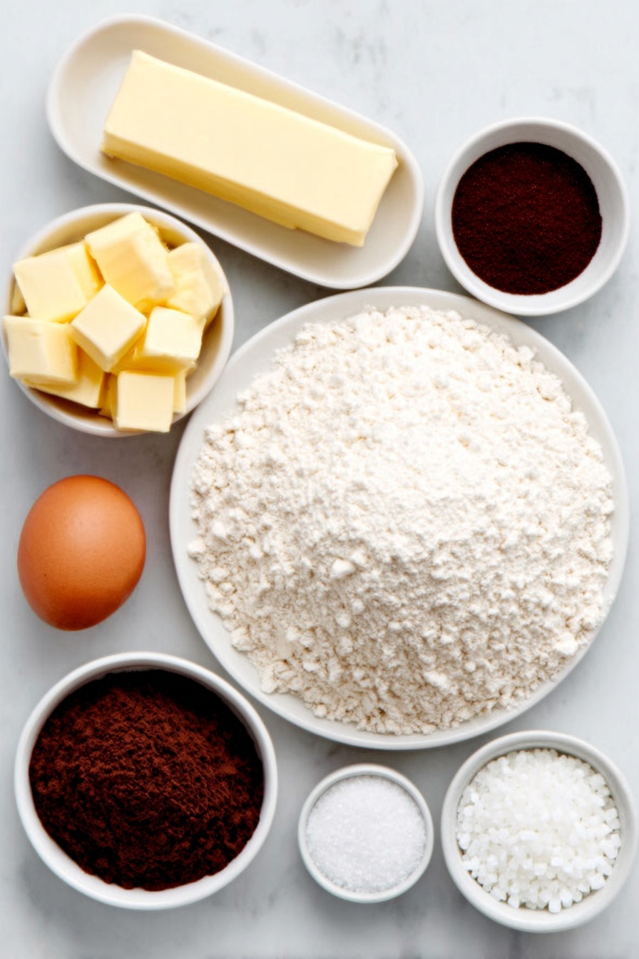 Flat lay of a small mound of all-purpose flour on a simple white ceramic plate, a small white ceramic bowl of granulated sugar, a stick of fresh yellow butter, one whole brown egg with a clean shell, a small white ceramic bowl containing clear almond extract, a small white ceramic bowl of fine baking powder, a small white ceramic bowl of fine salt, and a petite white ceramic bowl filled with colorful sparkling sugar crystals, all arranged with perfect symmetry and balanced proportions, placed on a clean white marble surface, soft natural light, photo taken with an iPhone, professional food photography style, fresh ingredients, white ceramic bowls, no bottles, no duplicates, no utensils, no packaging --ar 2:3 --v 7 --p m7354615311229779997 - Buttery Spritz Cookies, classic spritz cookies recipe, easy butter cookies, holiday cookie recipes, melt-in-your-mouth cookies