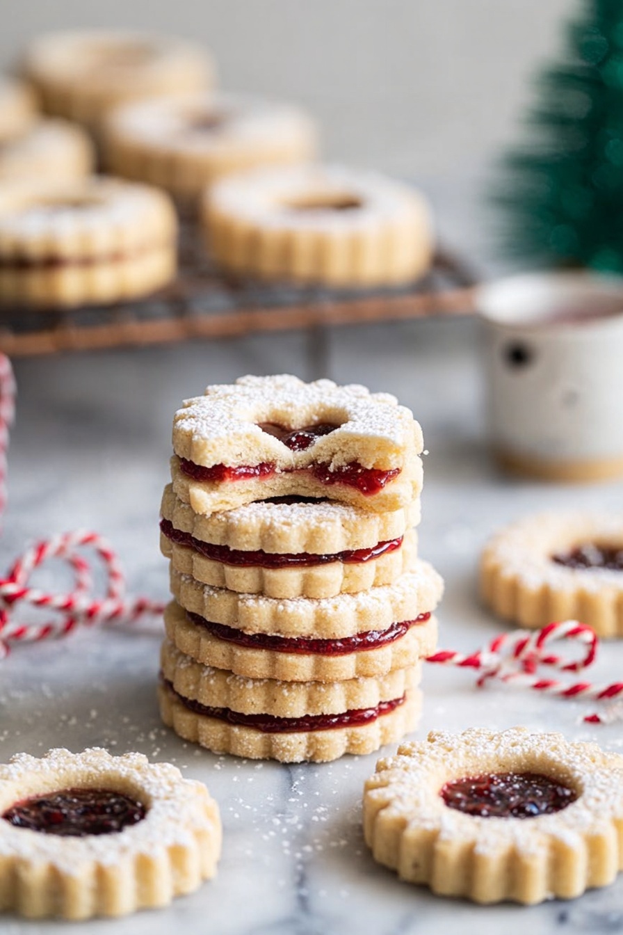 A stack of four round, light golden cookies with scalloped edges sits on a white marbled surface, each cookie having a layer of red jam in the middle, visible in the cookie on top that has a bite taken out of it. The top cookie has a small heart-shaped window revealing the jam inside, with powdered sugar dusted over all. Around the stack are several more identical cookies scattered flat, some showing the red jam through the heart cutout in the middle. In the background, more cookies rest on a brown cooling rack on the white marbled surface, and a small white cup with a black inside detail is slightly out of focus. A red and white twisted string is looped loosely on the surface near the cookies. A small blurred green Christmas tree decoration is visible in the background. The overall setting has bright, soft lighting. photo taken with an iphone --ar 2:3 --v 7 - Chocolate Chip Banana Bread, banana bread with chocolate chips, moist banana bread recipe, easy chocolate chip banana bread, homemade banana bread with chocolate