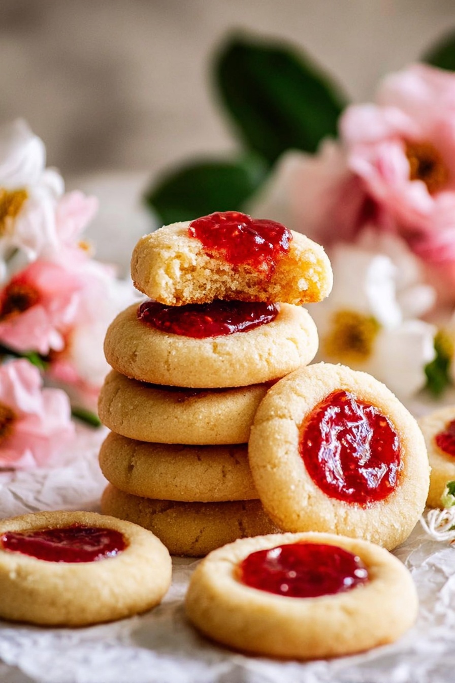 The image shows round thumbprint cookies placed on a white marbled surface. Each cookie has one layer of pale yellow dough with a smooth texture, and a hollow center filled with bright red jam that looks glossy and slightly thick. A silver spoon held by a woman's hand is gently dropping the jam into the center of one cookie, adding a shiny finish to the filling. The cookies are arranged irregularly but spaced apart on the surface. photo taken with an iphone --ar 2:3 --v 7 - Jam Thumbprint Cookies, easy thumbprint cookie recipe, fruity jam cookies, homemade cookie recipes, buttery thumbprint cookies