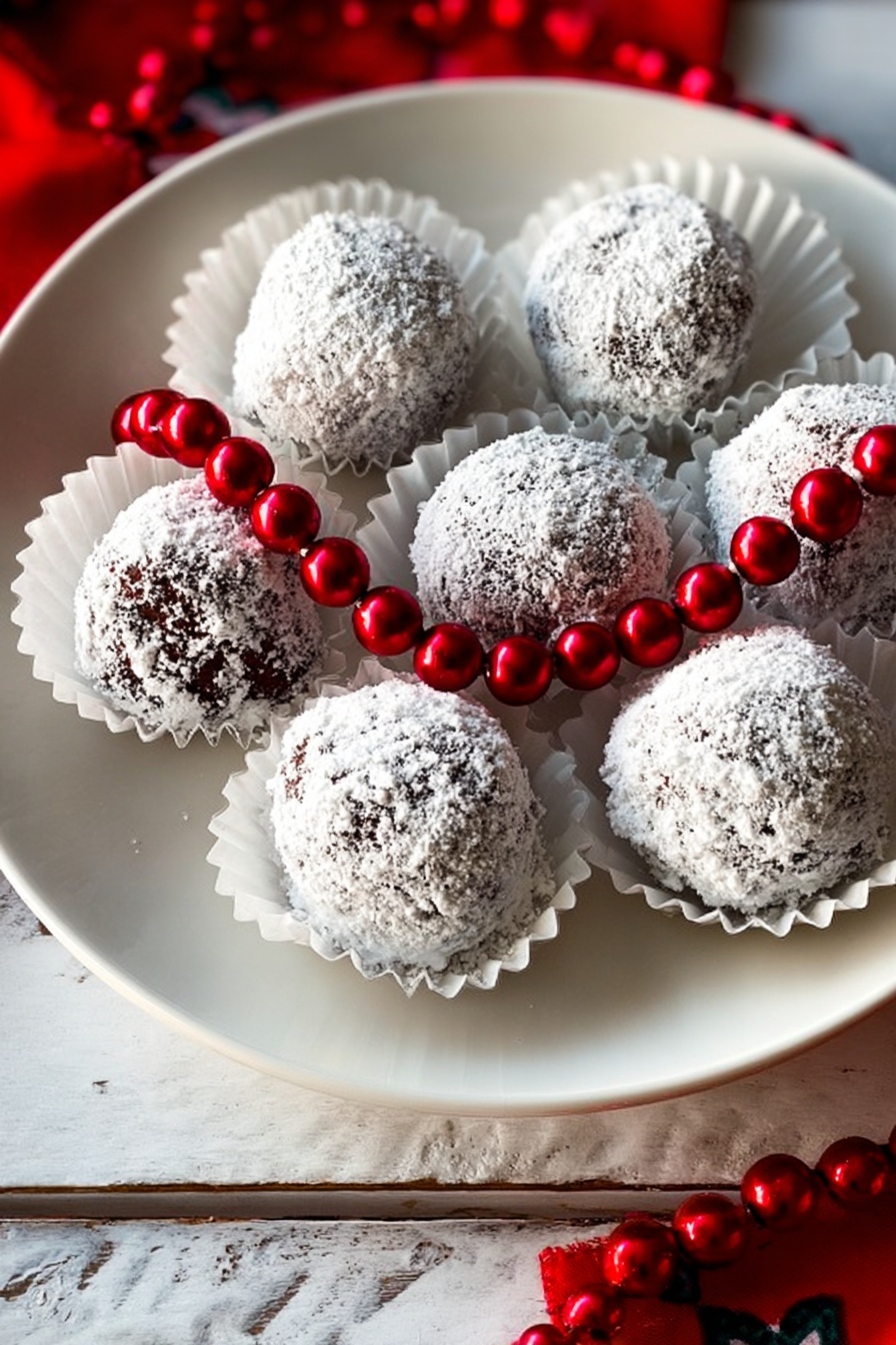 Seven round chocolate balls covered in a layer of white powdered sugar are placed inside white paper cupcake holders on a white plate. The chocolates have a rough texture visible beneath the sugar coating. A short string of small, shiny red beads crosses over the chocolates, adding a bright contrast. The plate is set on a white marbled surface that looks smooth and clean. Photo taken with an iphone --ar 2:3 --v 7 - Festive Rum Balls, holiday rum balls, no-bake holiday treats, boozy Christmas desserts, quick Christmas snacks