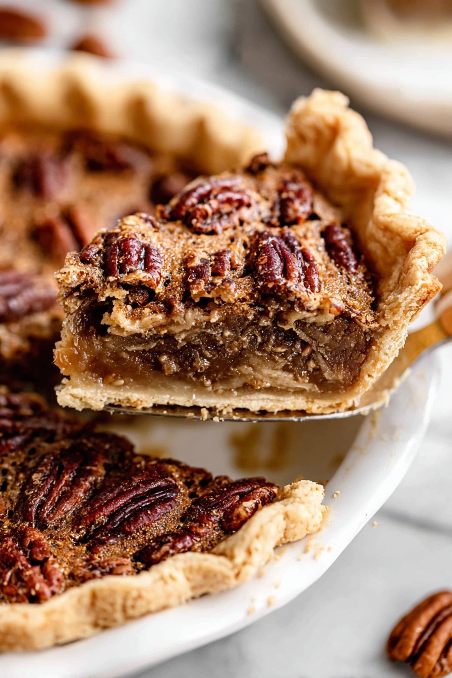 A close-up of one slice being lifted from a pecan pie on a white pie plate, showing three layers: a thick, light golden brown flaky crust on the edges and bottom, a gooey medium brown filling in the middle, and a top layer of whole pecans arranged in a dense pattern with a glossy, darker brown color and a slightly rough texture. The white marbled surface is visible beneath the pie plate with a few scattered pecans in the background. photo taken with an iphone --ar 2:3 --v 7 - Classic Pecan Pie with Buttery Crust, pecan pie dessert, homemade pecan pie, easy pecan pie recipe, holiday pecan pie