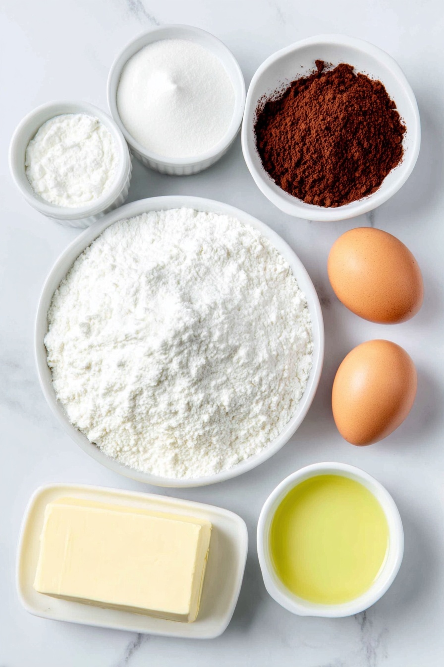 Flat lay of plain cake flour in a small white ceramic bowl, unsweetened cocoa powder in a small white ceramic bowl, a small pile of baking soda powder next to a pinch of salt crystals on the white marble surface, a stick of unsalted butter partially unwrapped showing smooth texture, superfine white sugar in a small white ceramic bowl, two whole brown eggs with clean shells, vegetable oil in a small white ceramic bowl, white vinegar in a small white ceramic bowl, a small white ceramic bowl with vanilla extract, buttermilk in a small white ceramic bowl showing creamy texture, a small white ceramic bowl with red gel food coloring, a block of Philadelphia cream cheese unwrapped to show softened texture, a stick of unsalted butter unwrapped showing smooth consistency, and a small white ceramic bowl of sifted soft powdered sugar placed on a clean white marble surface, soft natural light, photo taken with an iPhone, professional food photography style, fresh ingredients, white ceramic bowls, no bottles, no duplicates, no utensils, no packaging --ar 2:3 --v 7 --p m7354615311229779997 - Red Velvet Cake, Red Velvet Cake Recipe, moist red velvet cake, homemade red velvet cake, best red velvet cake