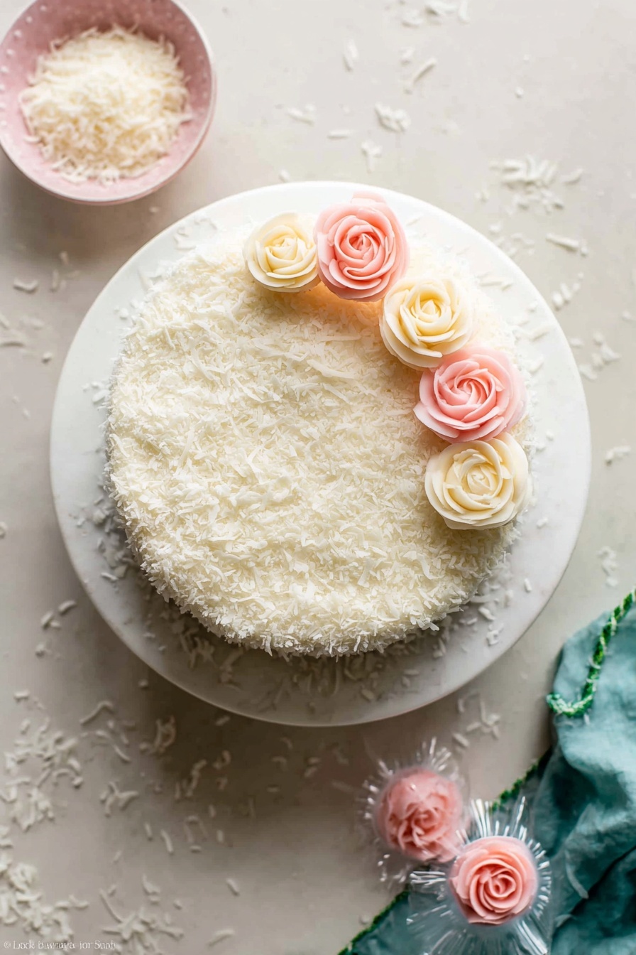 The image shows a round cake on a white marbled cake stand. The cake has one main layer covered fully with white shredded coconut giving it a soft, fluffy texture. On the top left side of the cake, there are five delicate rose-shaped decorations, three in light cream color and two in soft pink, arranged in a small bunch. The cake sits on a white marbled surface scattered lightly with shreds of coconut. Near the top left, there's a small pink bowl filled with more shredded coconut, and at the bottom right of the image, two pink rose-shaped decorations lie on the surface wrapped in clear paper. A teal cloth with green stitching is seen in the top right corner. photo taken with an iphone --ar 2:3 --v 7 - Ultimate Coconut Cake, coconut cake recipe, moist coconut cake, tropical dessert, fluffy coconut cake