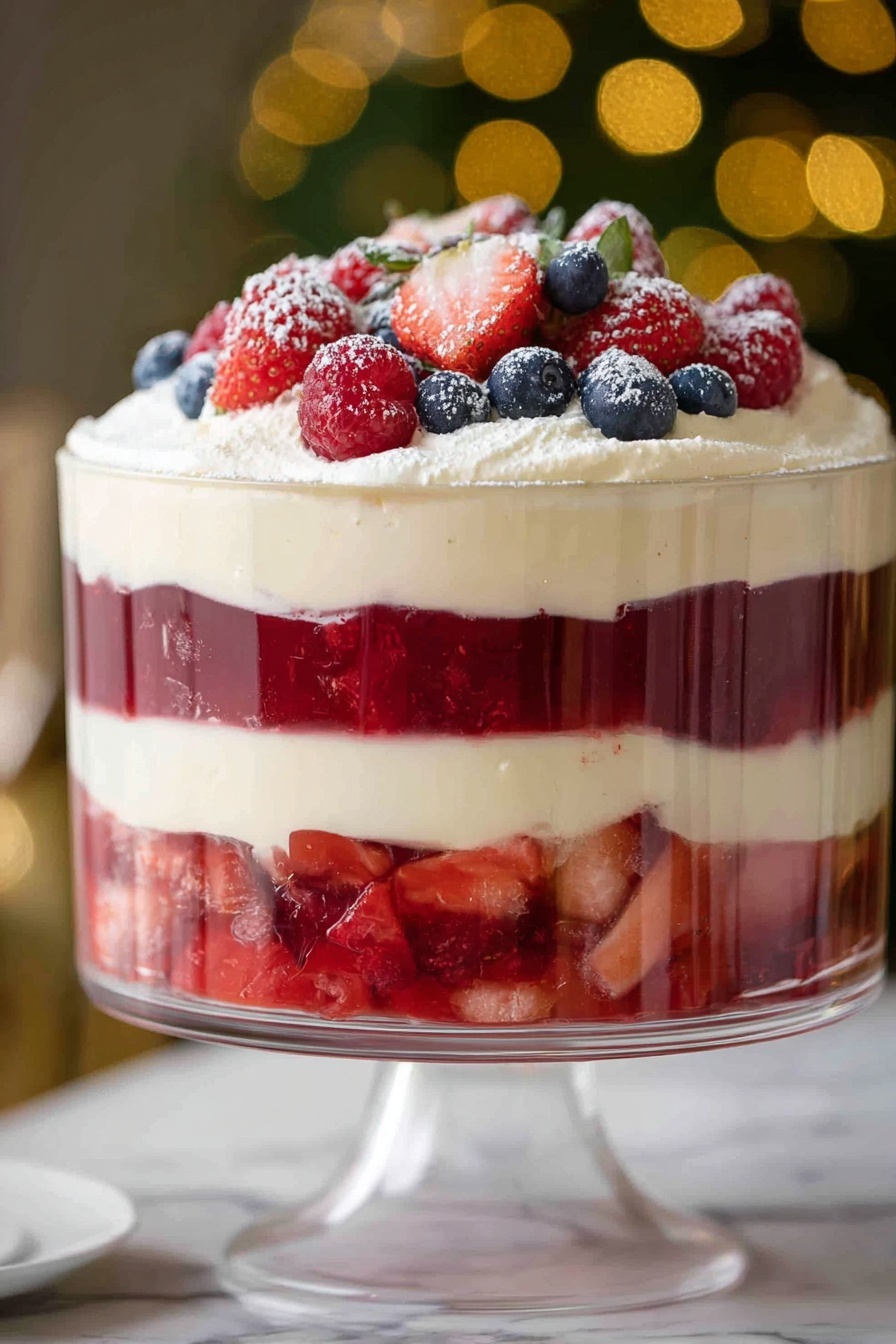 The image shows a tall glass trifle dish with four clear layers. The bottom layer is red fruit pieces, bright and juicy, filling the base. Above this is a thick, smooth layer of creamy white pudding with a soft texture. The third layer is a deep red jelly with visible pieces of strawberries inside. The top layer is a fluffy white cream generously spread, decorated with fresh red raspberries, blueberries, and sliced strawberries dusted lightly with powdered sugar. The dish sits on a white marbled surface with soft, blurred golden-green background lights. photo taken with an iphone --ar 2:3 --v 7 - Christmas Fruit Trifle Berry Jelly, Christmas Fruit Trifle, Holiday Trifle Dessert, Festive Fruit Trifle, Berry Jelly Christmas Dessert