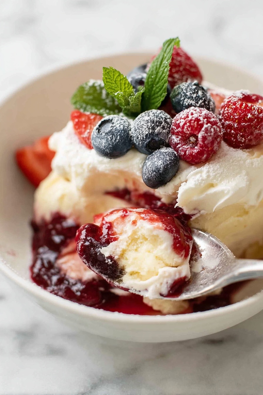 The image shows a white bowl filled with a layered dessert. The bottom layer is creamy and pale yellow, topped with a layer of red berry jam or sauce. Above that is a thick, fluffy white cream layer. On top, there are fresh blueberries, raspberries, and sliced strawberries, with a light dusting of powdered sugar. A few green mint leaves add color contrast on the top. A spoon is scooping some of the dessert, showing the layers inside. The bowl sits on a white marbled surface. Photo taken with an iphone --ar 2:3 --v 7 - Christmas Fruit Trifle Berry Jelly, Christmas Fruit Trifle, Holiday Trifle Dessert, Festive Fruit Trifle, Berry Jelly Christmas Dessert