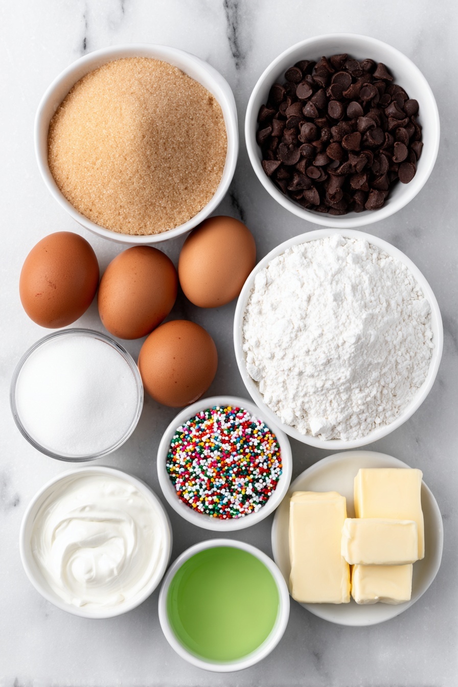 Flat lay of a small mound of light brown soft sugar, a small pile of self-raising flour, a small heap of dark brown cocoa powder, four whole uncracked medium brown eggs, two sticks of unsalted butter, a small white ceramic bowl of clear vanilla extract, a small white ceramic bowl of pure white icing sugar, a small white ceramic bowl of vibrant green liquid food coloring, and a scattering of assorted small chocolate stars and colorful sprinkles arranged neatly, all placed on a clean white marble surface, soft natural light, photo taken with an iPhone, professional food photography style, fresh ingredients, white ceramic bowls, no bottles, no duplicates, no utensils, no packaging --ar 2:3 --v 7 --p m7354615311229779997 - Christmas Tree Cupcakes with Chocolate and Vanilla Frosting, festive holiday cupcakes, Christmas cupcake ideas, cute holiday treats, chocolate and vanilla cupcakes