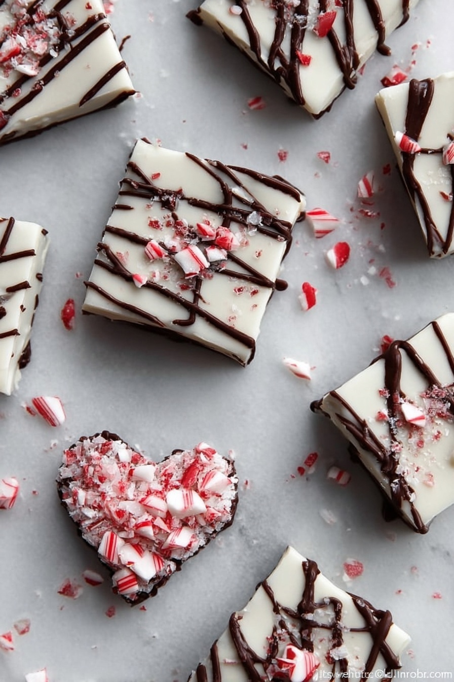 The image shows eight square-shaped white peppermint bark pieces placed on a white marbled surface. Each piece has a smooth white top layer with thin dark brown chocolate drizzle lines across them. On top of the white layer, there are small, crushed red and white candy cane bits scattered evenly. Among the squares, there is a heart-shaped piece made with crushed candy cane forming the shape on the white marbled surface. The overall look is festive, clean, and textured with a mix of smooth chocolate drizzle and crunchy candy cane bits. Photo taken with an iphone --ar 2:3 --v 7 - Peppermint Brownies with Cream Cheese Frosting, peppermint brownie recipe, festive chocolate brownies, holiday dessert brownies, creamy peppermint frosting