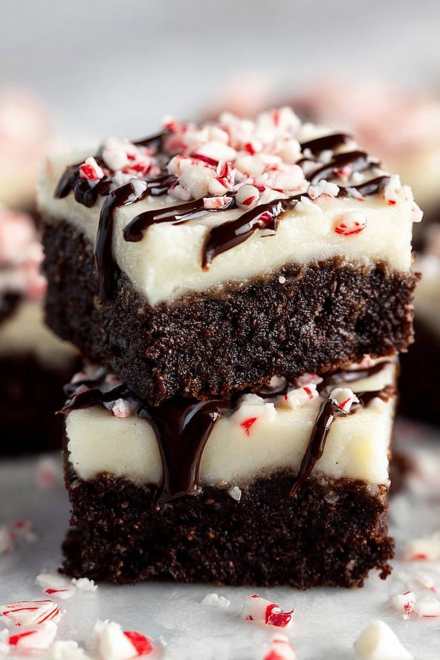 The dish shows two brownie squares stacked on top of each other. Each brownie has two layers: a dark brown, moist chocolate base with a rich texture, topped with a thick white creamy layer that looks smooth. On the top layer, there are small pieces of crushed red and white peppermint candy scattered, and a drizzle of dark brown chocolate sauce adds contrast. The brownies are placed on a white marbled surface with more crushed peppermint pieces around them. Photo taken with an iphone --ar 2:3 --v 7 - Peppermint Brownies with Cream Cheese Frosting, peppermint brownie recipe, festive chocolate brownies, holiday dessert brownies, creamy peppermint frosting