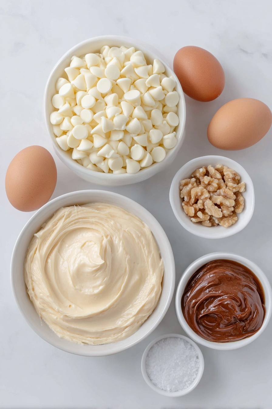 Flat lay of a simple white ceramic bowl filled with glossy white chocolate chips, a small white bowl containing thick sweetened condensed milk, a few whole uncracked brown eggs, a few coarsely chopped walnuts arranged beside a small white bowl with clear maple extract, and a tiny pinch of coarse salt crystals in another small white bowl, all placed with perfect symmetry on a clean white marble surface, soft natural light, photo taken with an iPhone, professional food photography style, fresh ingredients, white ceramic bowls, no bottles, no duplicates, no utensils, no packaging --ar 2:3 --v 7 --p m7354615311229779997 - Maple Walnut Fudge, Maple Walnut Fudge recipe, easy maple walnut fudge, creamy maple fudge, no-bake walnut fudge