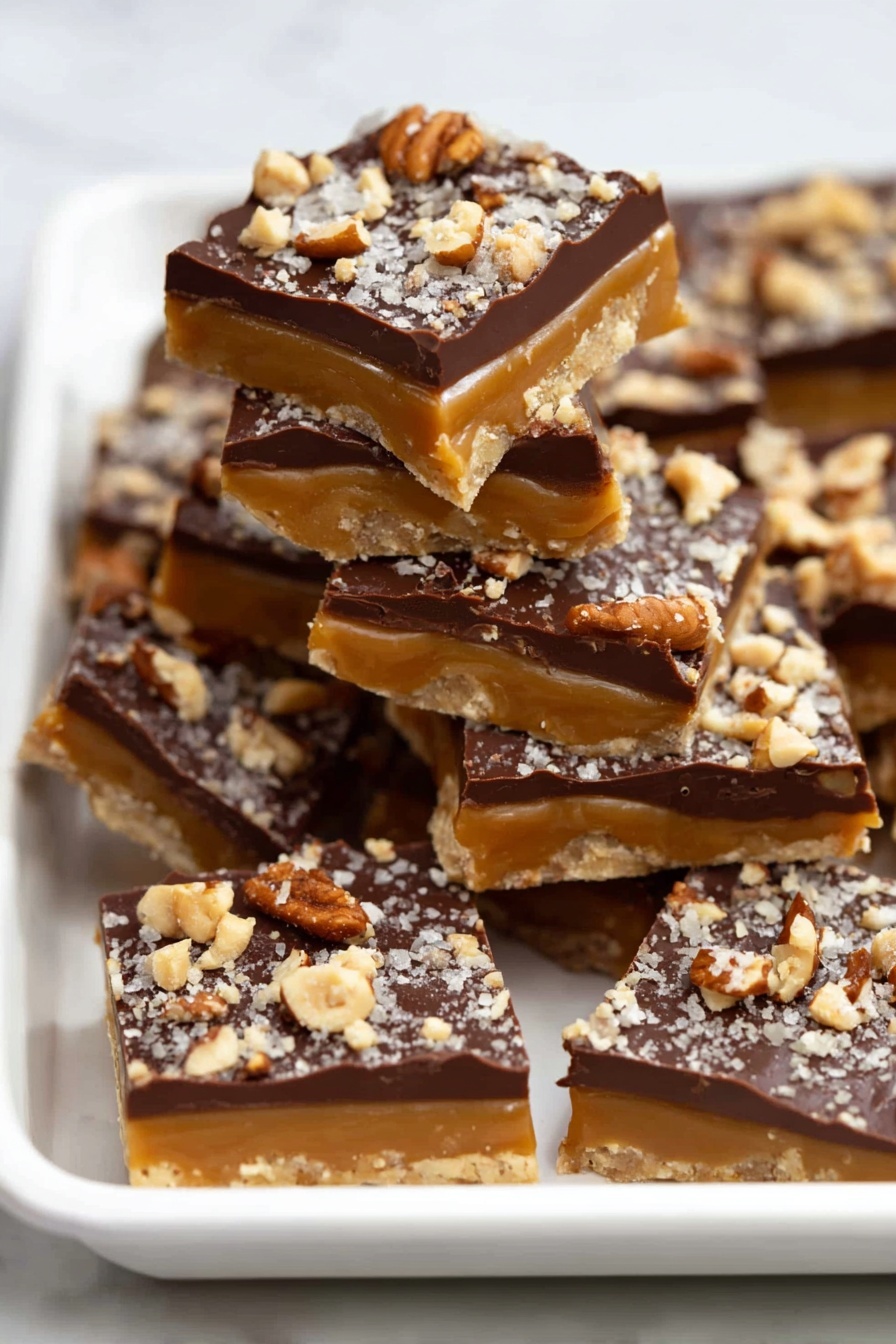 The image shows a white tray filled with layered candy pieces. Each piece has three layers: a shiny golden caramel layer in the middle, a smooth dark brown chocolate layer on top, and a crunchy topping of crushed nuts scattered over the chocolate. One piece is turned to show its thick caramel layer, while some other pieces are stacked, showing a mix of textures and colors. The tray is placed on a white marbled surface. photo taken with an iphone --ar 2:3 --v 7 - Homemade Toffee with Chocolate and Pecans, Easy Toffee with Chocolate and Pecans, Toffee Dessert Recipe, Chocolate Pecan Toffee, Make Ahead Toffee