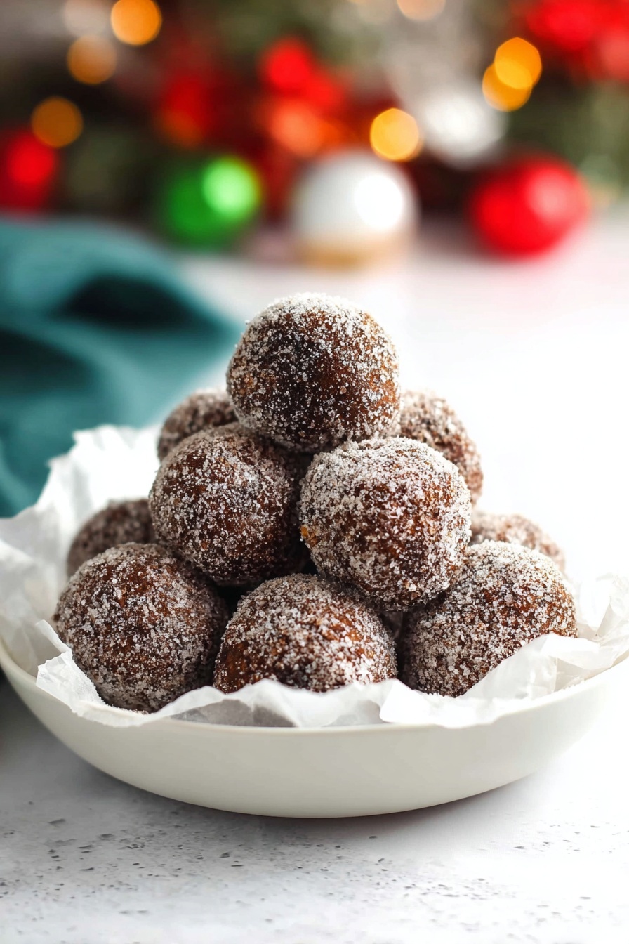A pyramid stack of round dark brown balls coated lightly with sugar, resting on crumpled white paper inside a shallow white plate, with a fine dusting of powder on some of the balls giving a slightly rough texture, set against a blurred background including hints of red, green, and white colors that suggest a festive scene, all placed on a white marbled surface. Photo taken with an iphone --ar 2:3 --v 7 - Homemade Sugar Plums with Spices, memorable holiday treats, easy holiday candy, festive dried fruit snacks, no-bake holiday desserts