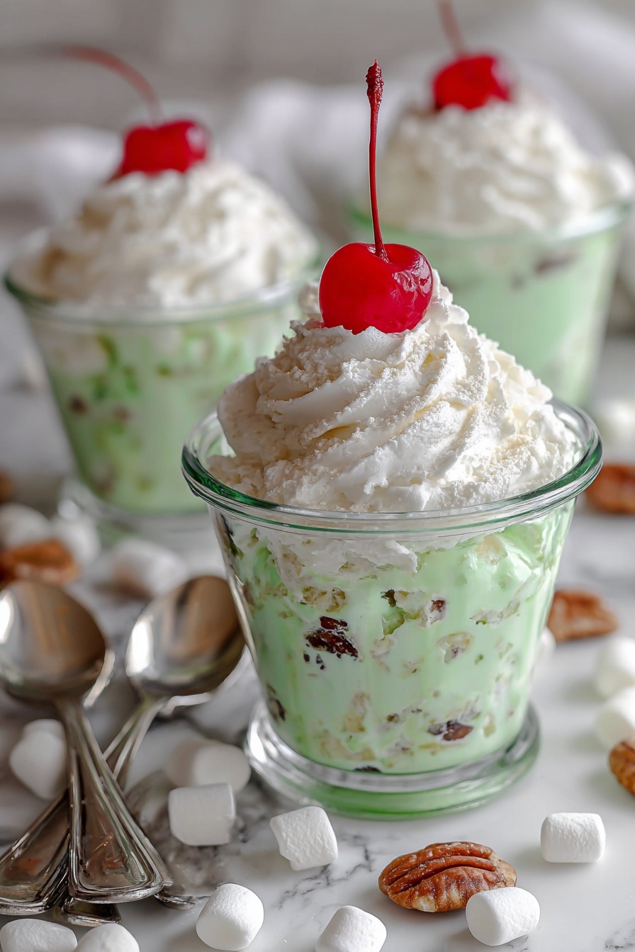 A clear glass cup holds a dessert with three layers. The bottom layer is pale green with small white and brown pieces mixed in, showing a creamy and chunky texture. On top of this is a thick swirl of white whipped cream, soft and fluffy, crowned with a bright red cherry that has a long stem, centered on the top. The cup sits on a white marbled surface scattered with small white marshmallows and brown nuts. In the background, there are two more similar cups filled in the same way, slightly blurred, and two silver spoons lie on the surface next to the front cup. Photo taken with an iphone --ar 2:3 --v 7 - Watergate Salad, Easy Watergate Salad, No-Bake Fruit Dessert, Fast Potluck Dessert, Creamy Fruit Salad