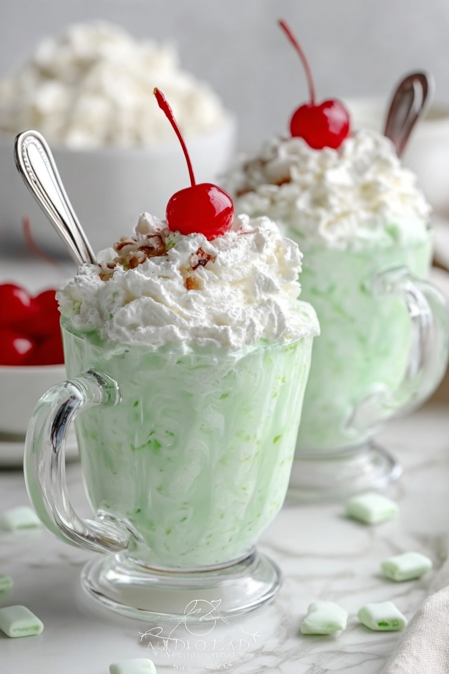 The image shows two clear glass mugs filled with a pale green dessert that looks creamy and smooth, with small green bits throughout. On top of each mug is a thick layer of white whipped cream, topped with a bright red cherry with a long stem. A silver spoon is placed inside each mug, leaning against the whipped cream. The mugs sit on a white marbled surface with some scattered small white mints around, and a blurred white bowl filled with the same pale green dessert is in the background. The overall look is fresh and inviting. photo taken with an iphone --ar 2:3 --v 7 - Watergate Salad, Easy Watergate Salad, No-Bake Fruit Dessert, Fast Potluck Dessert, Creamy Fruit Salad