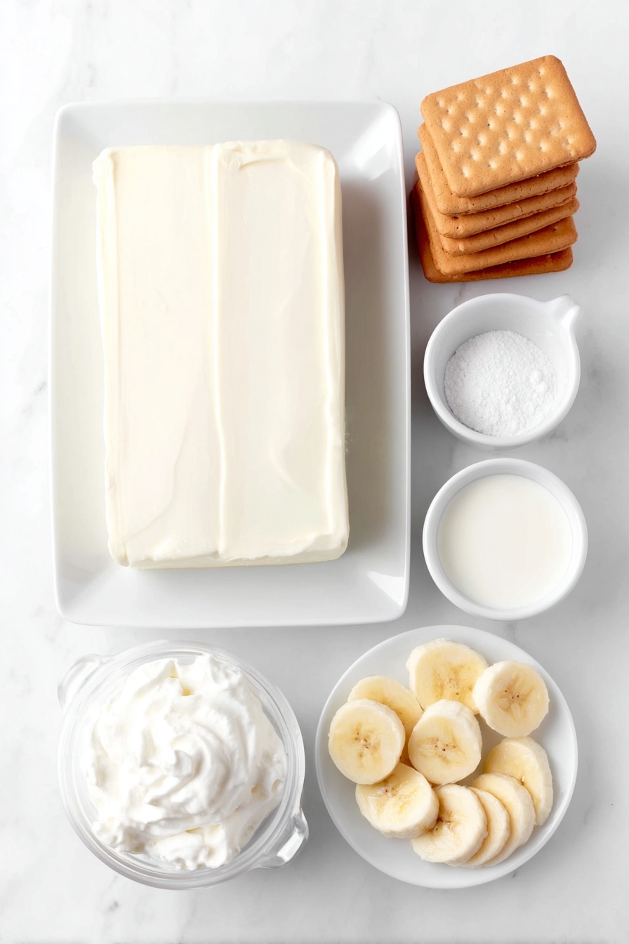 Flat lay of a block of soft cream cheese on a simple white ceramic plate, a small white bowl filled with sweetened condensed milk, a small white bowl with smooth instant vanilla pudding powder, a small white bowl containing fresh whole milk, a small white bowl holding clear vanilla extract, a white ceramic bowl with fluffy whipped topping, a small stack of golden Nilla wafers arranged neatly on a white plate, a few fresh peeled bananas sliced into thin rounds arranged fan-like on a white plate, placed on a clean white marble surface, soft natural light, photo taken with an iPhone, professional food photography style, fresh ingredients, white ceramic bowls, no bottles, no duplicates, no utensils, no packaging --ar 2:3 --v 7 --p m7354615311229779997 - Easy No-Bake Banana Pudding, no-bake banana pudding recipe, quick banana pudding dessert, creamy banana pudding, simple fruit dessert