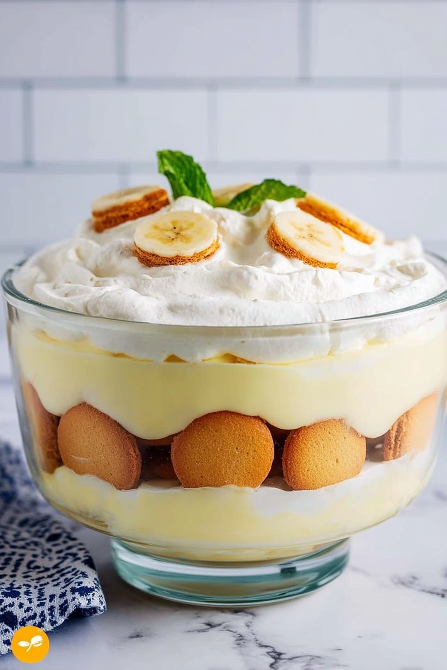 A clear glass bowl filled with three distinct layers: the bottom layer shows round golden brown vanilla wafers partially soaked, arranged closely together, the middle layer is a creamy pale yellow custard that seeps between the wafers, and the top layer is a thick, smooth white whipped cream spread evenly. On top, there are three round vanilla wafers, two banana slices with their pale yellow interior visible, and a small green mint leaf for decoration. The bowl sits on a white marbled surface with a blurred background of white tiles. Photo taken with an iphone --ar 2:3 --v 7 - Easy No-Bake Banana Pudding, no-bake banana pudding recipe, quick banana pudding dessert, creamy banana pudding, simple fruit dessert