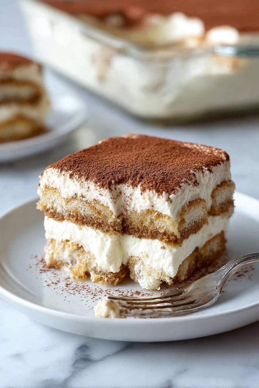 A square piece of tiramisu is served on a white plate, showing three visible layers: a light brown cocoa powder dusted top, a thick smooth white cream layer below it, followed by a slightly darker coffee-soaked cake layer, and then another cream layer at the bottom. A silver fork with a bite-sized piece of the tiramisu rests on the plate in the foreground. The background shows a glass dish with more tiramisu, slightly out of focus, all placed on a white marbled surface. Photo taken with an iphone --ar 2:3 --v 7 - Classic Tiramisu Coffee and Mascarpone, authentic Italian tiramisu dessert, easy homemade tiramisu, creamy coffee tiramisu recipe, decadent tiramisu with espresso
