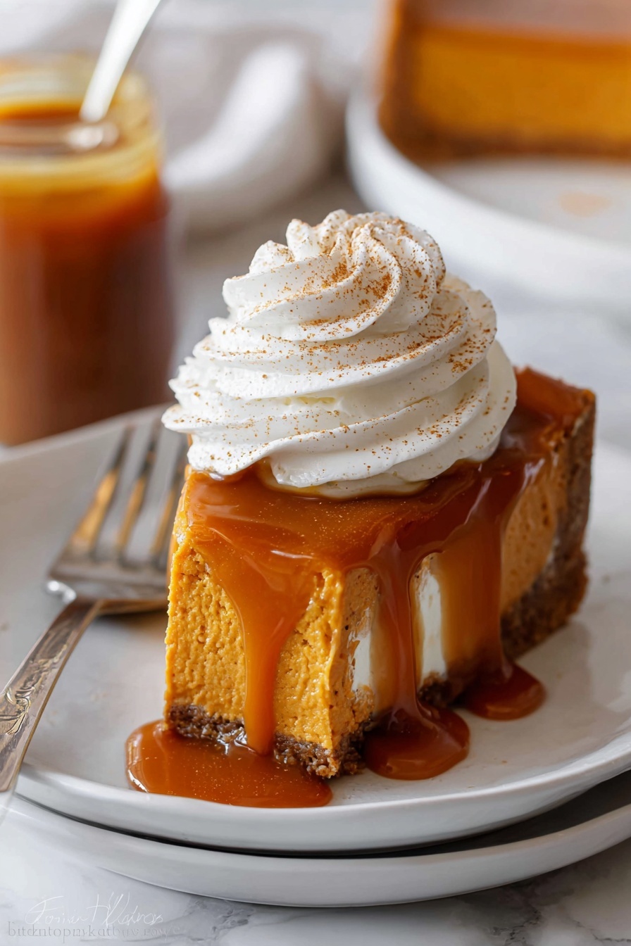 A single slice of orange pumpkin pie with a smooth, dense texture sits on a white plate over a blue cloth. On top, there is a thick layer of shiny caramel sauce dripping down the sides of the pie. A large swirl of white whipped cream dusted with light brown cinnamon powder crowns the slice. A silver fork rests on the right side of the plate. The background surface is a white marbled texture. photo taken with an iphone --ar 2:3 --v 7 - Cream Cheese Pumpkin Cheesecake, Pumpkin Cheesecake Recipe, Pumpkin Cheesecake, Fall Dessert, Easy Pumpkin Cheesecake