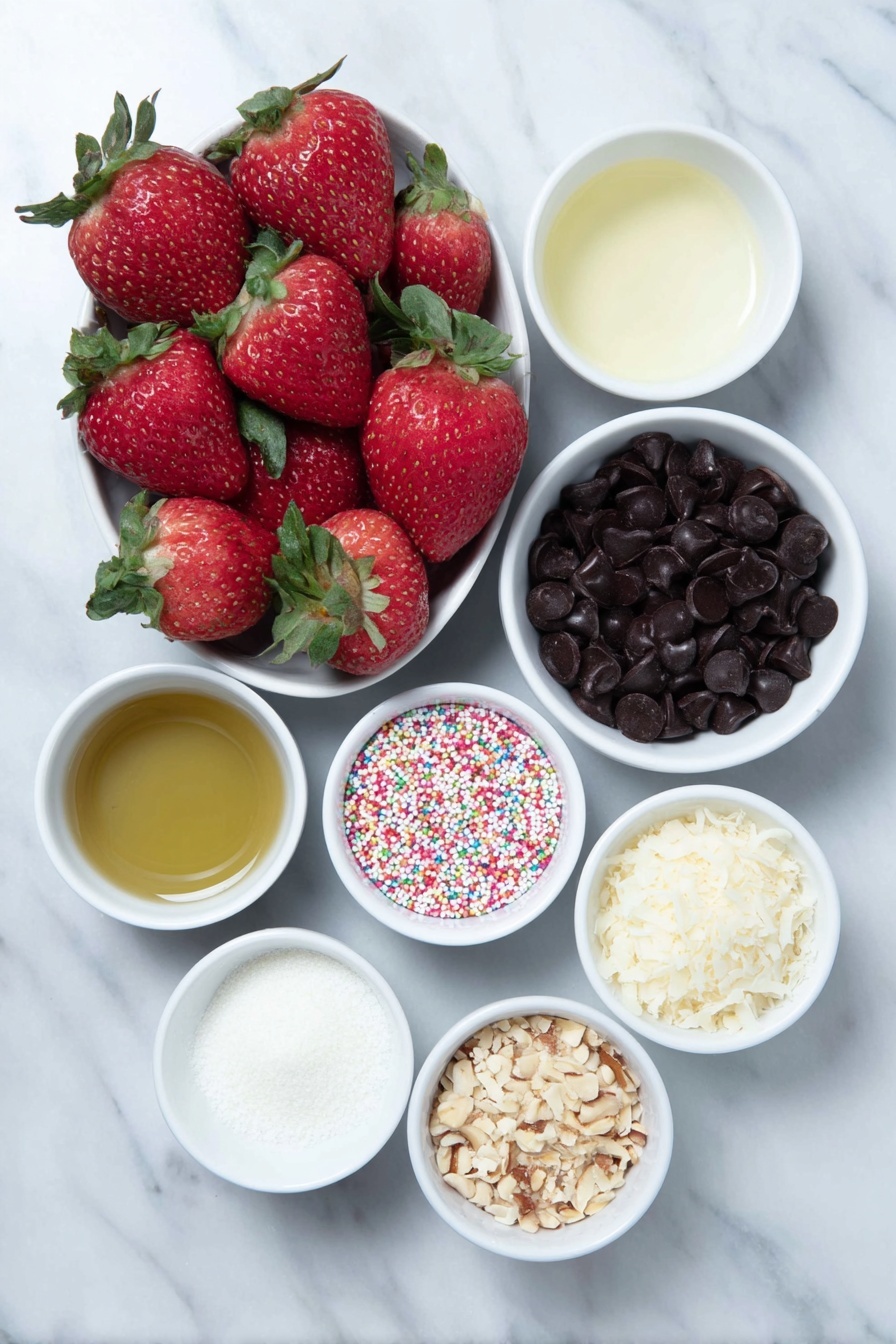 Flat lay of a handful of fresh bright red strawberries with green leafy stems, a small white ceramic bowl filled with glossy dark chocolate chips, a small white ceramic bowl containing light golden vegetable oil, a small white ceramic bowl of snowy white desiccated coconut, a small white ceramic bowl with chopped golden-brown crushed nuts, a small white ceramic bowl holding colorful round sprinkles, all arranged symmetrically on a clean white marble surface, soft natural light, photo taken with an iPhone, professional food photography style, fresh ingredients, white ceramic bowls, no bottles, no duplicates, no utensils, no packaging --ar 2:3 --v 7 --p m7354615311229779997 - Chocolate Covered Strawberries, Easy Chocolate Dipped Strawberries, How to Make Chocolate Strawberries, Gourmet Strawberry Dessert, Quick Chocolate Fruit Treats