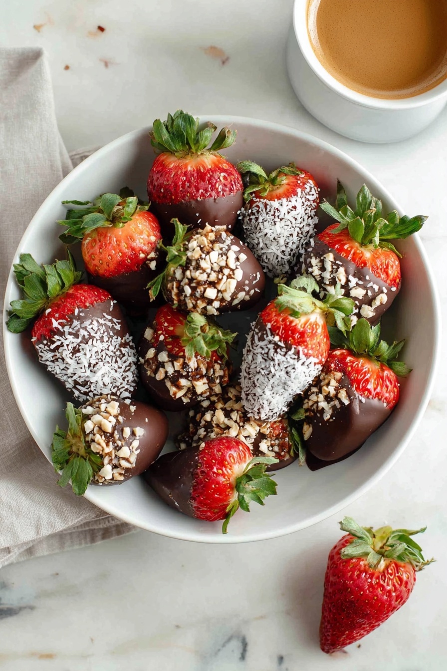 The image shows a white bowl filled with strawberries covered in various toppings. Most strawberries are dipped in dark chocolate, some coated with white coconut flakes, and one covered in crushed nuts, all with green leafy tops. Around the bowl, there are smaller white bowls and plates holding more of these coated strawberries. A white teacup with brown coffee sits in front, placed on a matching saucer. To the left, there are stacked white teacups and a milk bottle with a red-checkered lid. The whole scene is set on a worn wooden table with a white marbled texture surface. In the background on the right, there is a clear vase with white flowers with green leaves. photo taken with an iphone --ar 2:3 --v 7 - Chocolate Covered Strawberries, Easy Chocolate Dipped Strawberries, How to Make Chocolate Strawberries, Gourmet Strawberry Dessert, Quick Chocolate Fruit Treats