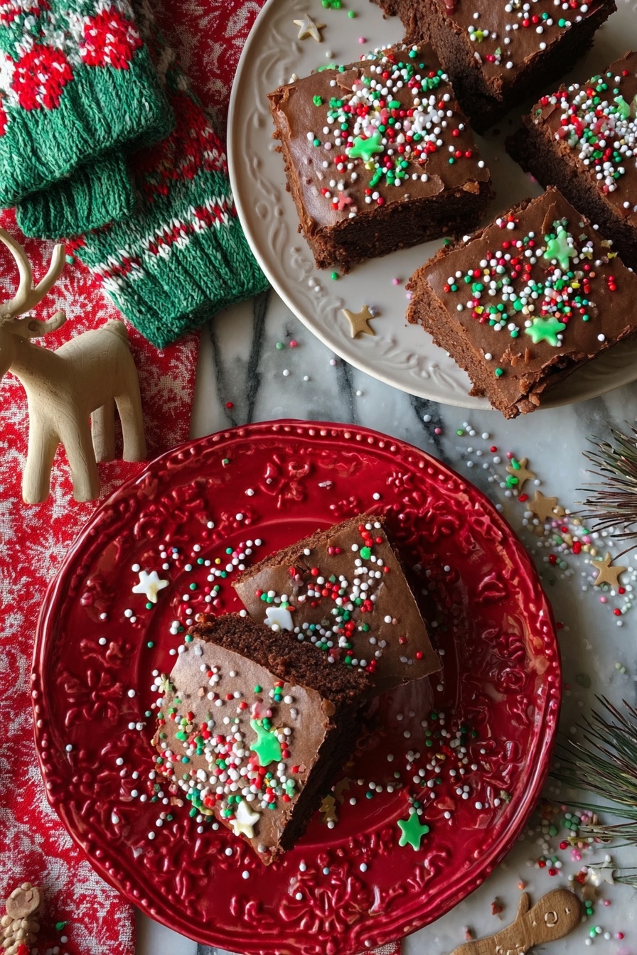 The image shows two plates of chocolate brownies with a smooth chocolate frosting topped with colorful Christmas-themed sprinkles including red, green, white round sprinkles, small gingerbread man shapes, and stars. The brownies are cut into squares, with three pieces on a shiny red plate with embossed patterns and four pieces on a white plate. Some sprinkles are scattered on the plates and the white marbled surface below. The background includes a knitted mitten in green, red, and white, a wooden reindeer ornament with small antlers, and a festive cloth with red patterns. Photo taken with an iphone --ar 2:3 --v 7 - Chocolate Frosted Christmas Brownies, Christmas brownies, holiday brownie recipes, festive chocolate brownies, fudgy holiday desserts