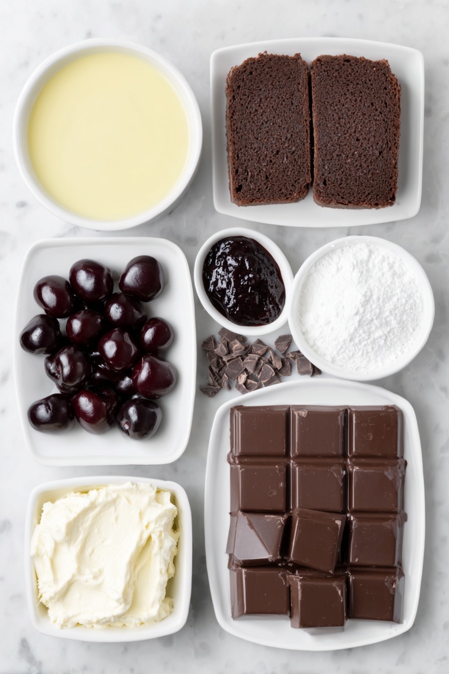 Flat lay of chopped dark chocolate chunks, a small white bowl of ready-made custard, a small white bowl of double cream, a small white bowl with icing sugar powder, slices of chocolate swiss roll, a small white bowl of clear kirsch, fresh whole cherries, a small white bowl of rich cherry jam, bite-sized brownie pieces, and a small pile of grated dark chocolate, all arranged with perfect symmetry on simple white ceramic dishes and bowls, placed on a clean white marble surface, soft natural light, photo taken with an iPhone, professional food photography style, fresh ingredients, white ceramic bowls, no bottles, no duplicates, no utensils, no packaging --ar 2:3 --v 7 --p m7354615311229779997 - Black Forest Trifle with Cherries and Chocolate, Black Forest Layered Dessert, Cherry Chocolate Trifle, Easy Black Forest Cake Alternative, Elegant Chocolate Fruit Dessert