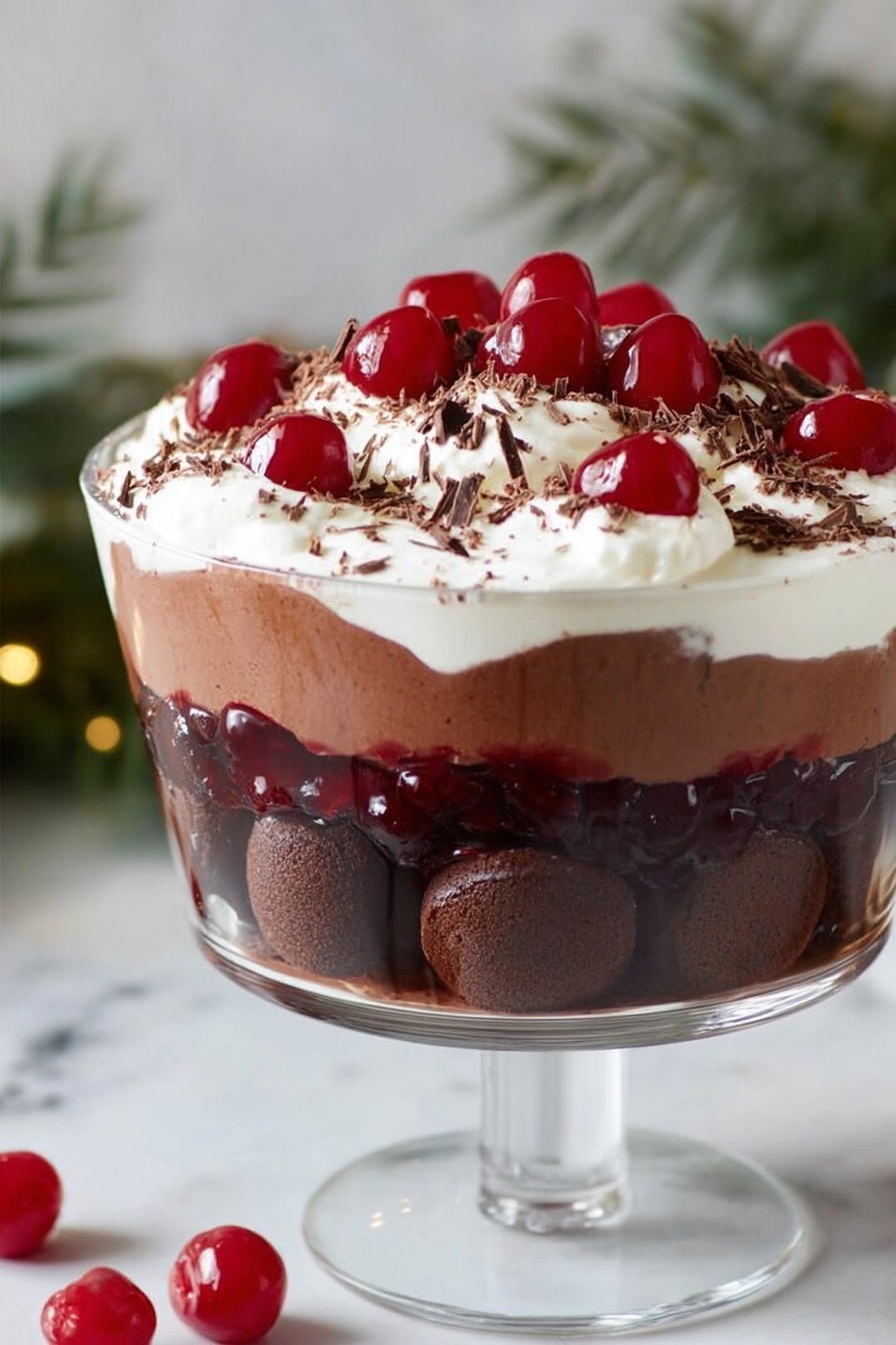 A clear glass bowl holds a layered dessert with three visible layers: the bottom layer is dark brown and creamy chocolate pudding, the middle layer is light whipped cream with a soft texture, and the top layer is a thick layer of white whipped cream with a slightly bumpy surface. Bright red cherries with green stems are placed evenly on top, and fine brown chocolate shavings are scattered across the whipped cream. A gold spoon scoops a mix of chocolate and cream from the side. The bowl sits on a white marbled surface, with a smaller white bowl nearby containing a similar chocolate and cream mixture. photo taken with an iphone --ar 2:3 --v 7 - Black Forest Trifle with Cherries and Chocolate, Black Forest Layered Dessert, Cherry Chocolate Trifle, Easy Black Forest Cake Alternative, Elegant Chocolate Fruit Dessert