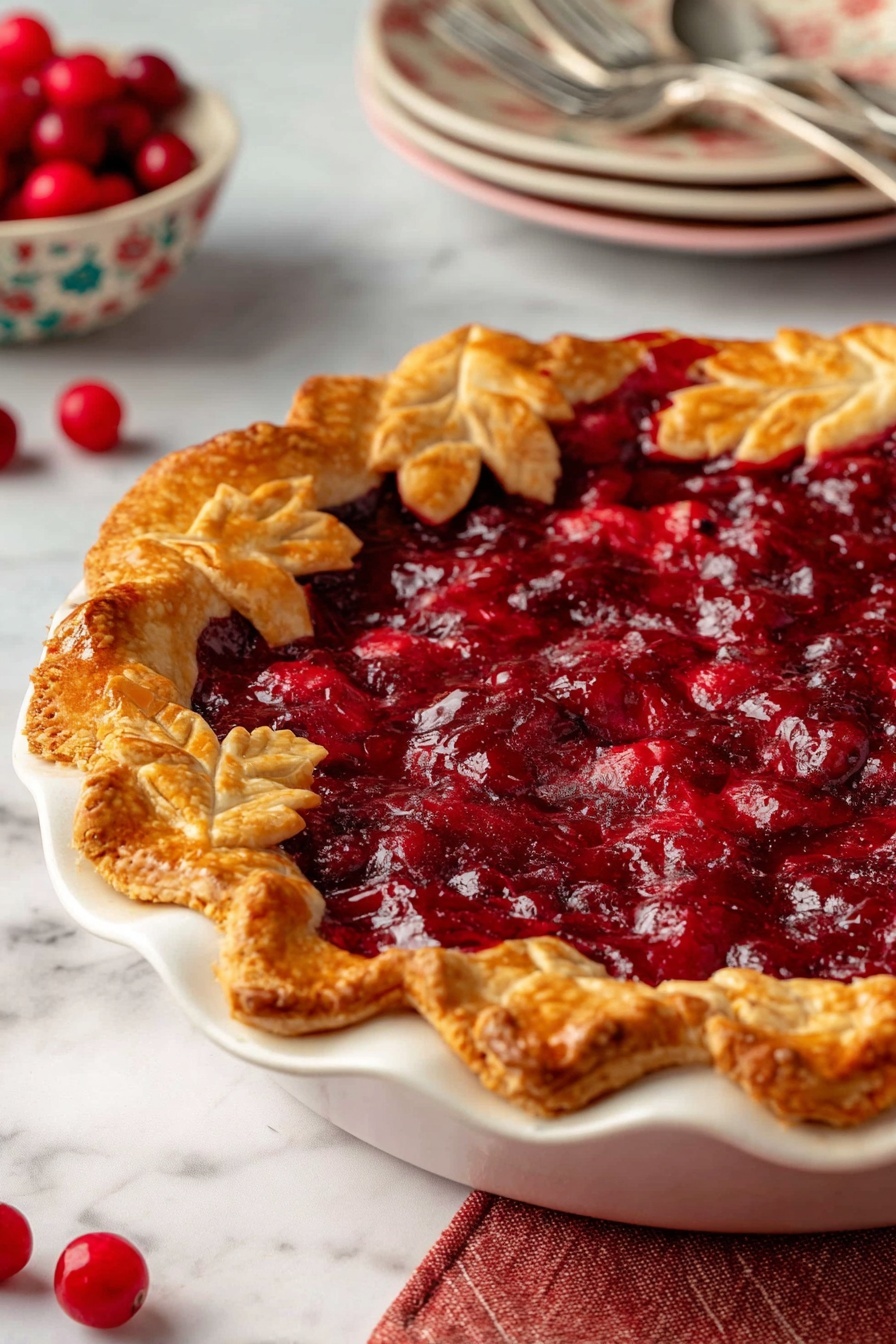 The image shows a cranberry pie with a golden brown crust decorated with leaf shapes along the edge, filled with shiny deep red cranberry filling that looks thick and textured with visible whole cranberries inside. The pie is in a white ceramic pie dish with a scalloped edge, sitting on a white marbled surface with a red and white checkered cloth nearby. In the background, there is a second whole pie with a crumbly golden brown top crust in another white pie dish, red apples, a white dish filled with fresh cranberries, and a small bowl of white sauce or cream. The lighting is soft and natural, highlighting the warm colors and textures of the pies and ingredients. photo taken with an iphone --ar 2:3 --v 7 - Easy Cranberry Pie with Orange and Spices, Cranberry Pie, Holiday Cranberry Pie, Simple Cranberry Pie Recipe, Festive Cranberry Dessert