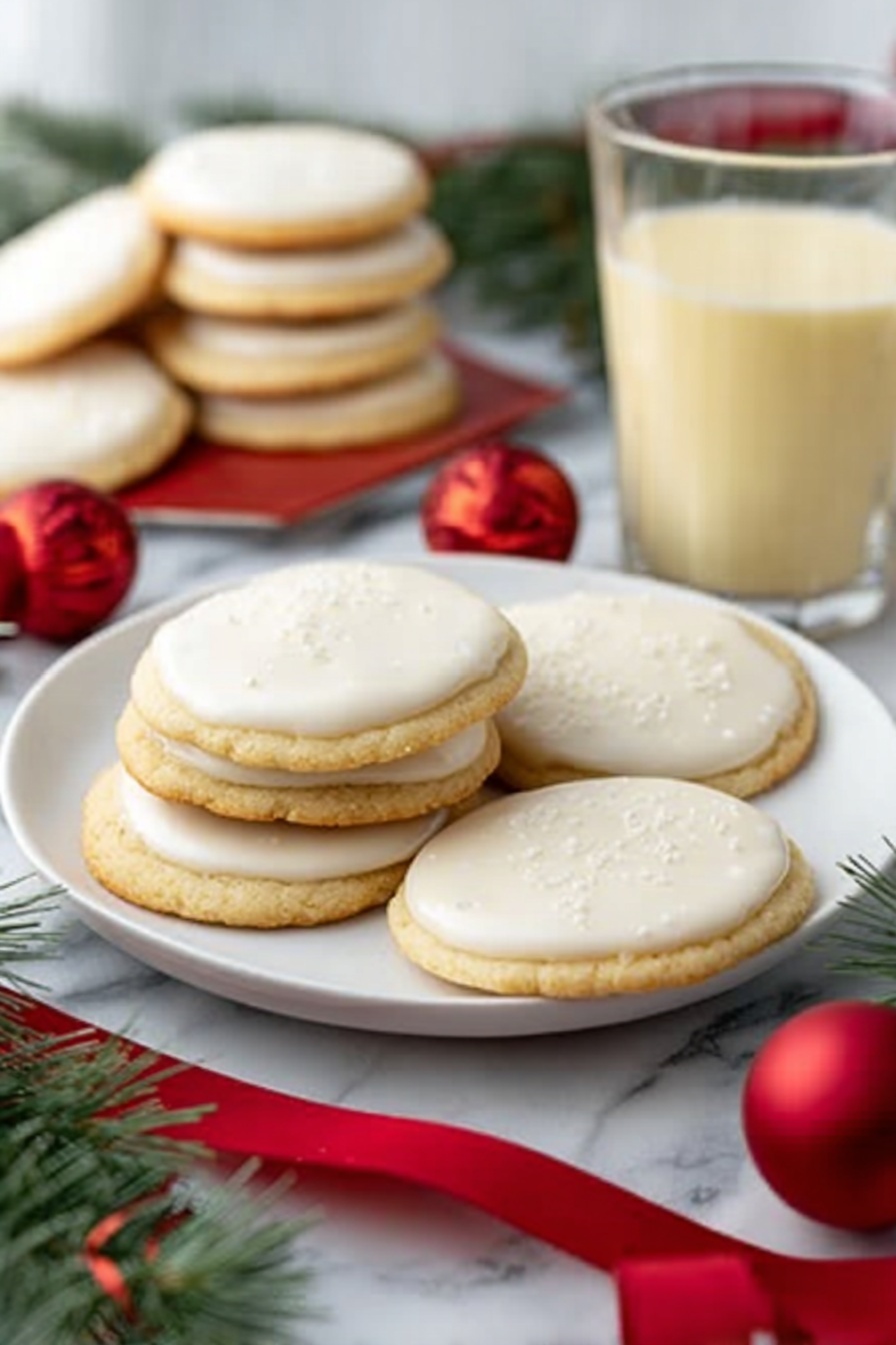 The image shows a white plate filled with two layers of soft, round sugar cookies topped with smooth, glossy white icing. The cookies are light golden brown and have a slightly fluffy texture. Some cookies sit flat on the plate while others rest leaning against each other, giving a sense of depth. The plate is on a white marbled surface with festive red ornaments and green pine branches nearby. In the background, more cookies are stacked and a glass mug filled with a pale yellow creamy drink is visible. A woman's hand holding a red ribbon is just out of focus. photo taken with an iphone --ar 2:3 --v 7 - Eggnog Cookies with Creamy Glaze, holiday eggnog cookies, festive eggnog cookie recipe, easy eggnog cookies, Christmas cookie recipes