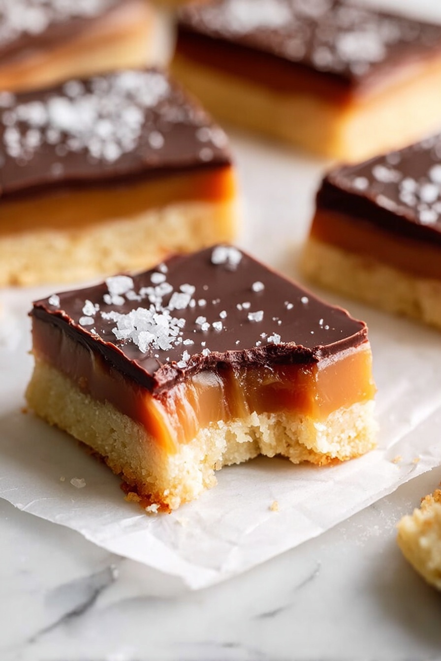 A square dessert bar with three distinct layers sits on a white marbled surface, with a bite taken from one corner showing the inside. The bottom layer is a pale, crumbly shortbread base with a slightly coarse texture. Above this is a thicker, soft caramel layer in a rich golden brown shade, smooth and glossy but soft enough to show some indentation near the bite. The top layer is a dark chocolate ganache, shiny and firm, sprinkled with coarse white sea salt flakes. Nearby are more similar bars, focusing on the bitten bar in the foreground, with soft natural lighting highlighting the textures and colors. Photo taken with an iphone --ar 2:3 --v 7 - Chewy Caramel Shortbread Bars, caramel shortbread bars, shortbread dessert, caramel dessert bars, chocolate caramel shortbread