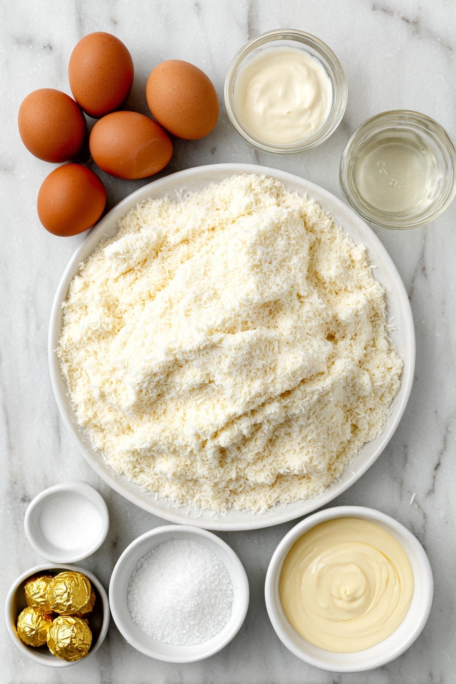 Flat lay of sweetened shredded coconut piled loosely in a mound on a simple white ceramic plate, a small white ceramic bowl filled with thick, glossy sweetened condensed milk, a few whole uncracked brown eggs arranged symmetrically beside a small white ceramic bowl holding clear vanilla extract liquid, another small white ceramic bowl with pale almond extract, a small white ceramic bowl containing fine white salt crystals, and a neat cluster of shiny, unwrapped Hershey’s Kisses chocolates with their foil slightly crinkled, all placed on a clean white marble surface, soft natural light, photo taken with an iPhone, professional food photography style, fresh ingredients, white ceramic bowls, no bottles, no duplicates, no utensils, no packaging --ar 2:3 --v 7 --p m7354615311229779997 - Coconut Macaroon Blossoms with Hershey Kisses, coconut macaroon cookies, chocolate surprise cookies, easy gluten-free cookies, holiday cookie recipes