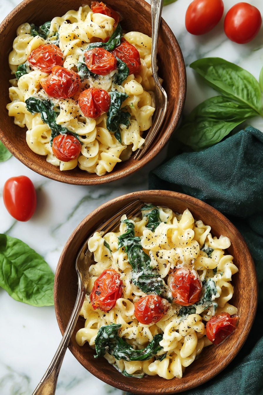 Two wooden bowls filled with pasta sit on a white marbled surface, each bowl containing about three layers. The bottom layer is curly pasta with a pale yellow color and a slightly creamy texture. On top of the pasta are bright red roasted cherry tomato halves mixed with fresh dark green spinach leaves. The dish is sprinkled with a light dusting of black pepper and appears creamy, with melted cheese clinging to the pasta and vegetables. Two silver forks rest in the bowls, and bright red whole cherry tomatoes are scattered nearby beside fresh green basil leaves. A dark green cloth napkin is placed by the bowls. photo taken with an iphone --ar 2:3 --v 7 - Baked Feta Pasta with Roasted Tomatoes, creamy feta pasta recipe, easy baked pasta dishes, roasted tomato pasta, quick weeknight pasta