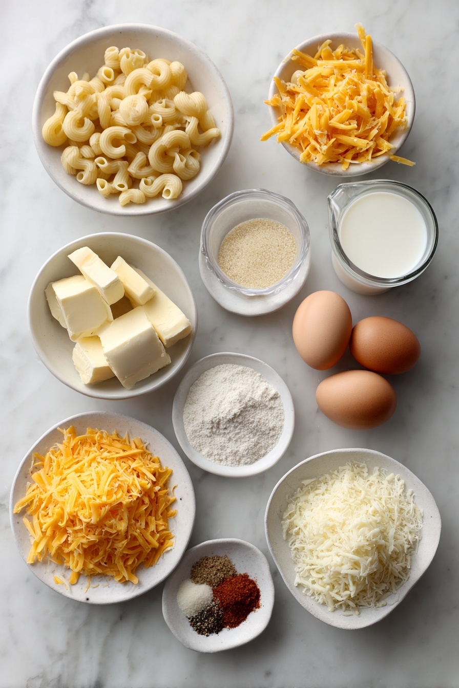 Flat lay of crispy fried homemade mac and cheese bites key ingredients: a few strips of uncooked bacon with streaks of red and white fat, a small pile of dry elbow macaroni pasta with its smooth curved tubes, a simple white ceramic bowl holding pale yellow bacon grease or unsalted butter chunks, a small white bowl of fine all-purpose flour, another white bowl filled with fresh milk, a neat pinch of coarse sea salt crystals next to a tiny pile of ground black pepper, a small heap of garlic powder, and separate tiny piles of ground cayenne pepper and ground nutmeg, a simple white bowl heaped with shredded sharp cheddar cheese in vibrant orange, another white bowl holding shredded Monterey Jack cheese creamy white in color, a small white dish containing more all-purpose flour with a dusting of fine sea salt, black pepper, and onion powder on top, two whole clean-shelled brown eggs, and a small white bowl filled with golden seasoned panko breadcrumbs, all arranged symmetrically with perfect spacing, placed on a clean white marble surface, soft natural light, photo taken with an iPhone, professional food photography style, fresh ingredients, white ceramic bowls, no bottles, no duplicates, no utensils, no packaging --ar 2:3 --v 7 --p m7354615311229779997 - Crispy Fried Mac and Cheese Bites, crispy mac and cheese, cheesy appetizer, easy party snacks, fried mac and cheese recipe