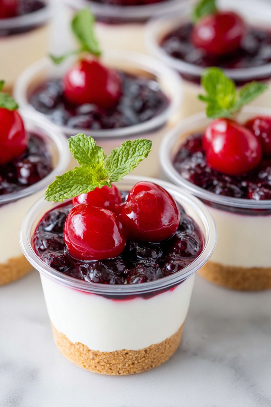 The image shows several clear plastic cups filled with a three-layer dessert. The bottom layer is a crumbly, light brown cookie crust. The middle layer is thick, smooth, and white cream cheese filling. On the top layer, there are either bright red cherry topping or dark purple blueberry topping with a shiny texture. Each cup is garnished with a small fresh green mint leaf on top. All cups are placed on a white marbled surface. photo taken with an iphone --ar 2:3 --v 7 - No-Bake Cheesecake Cups, No-Bake Cheesecake, Easy Cheesecake Cups, No-Bake Dessert, Cheesecake Cup Recipe