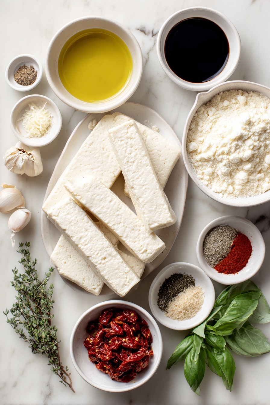 Flat lay of a block of fresh firm tofu cut into three long pieces with rounded edges, two small white ceramic bowls—one filled with golden olive oil and another with dark balsamic vinegar, a small white bowl of clear water, a small white bowl holding fine all-purpose flour, three whole garlic cloves with papery skins intact, a small white bowl of grated parmesan cheese, a small white bowl with bright red chopped sun-dried tomatoes, a few sprigs of fresh green herbs (basil and parsley), and small white bowls with paprika powder, garlic powder, onion powder, chili flakes, dried oregano, and dried thyme arranged symmetrically, all placed on a clean white marble surface, soft natural light, photo taken with an iPhone, professional food photography style, fresh ingredients, white ceramic bowls, no bottles, no duplicates, no utensils, no packaging --ar 2:3 --v 7 --p m7354615311229779997 - Marry Me Tofu in Creamy Sun-Dried Tomato Sauce, vegetarian tofu recipes, creamy sun-dried tomato sauce, vegan tofu dishes, easy tofu dinner ideas